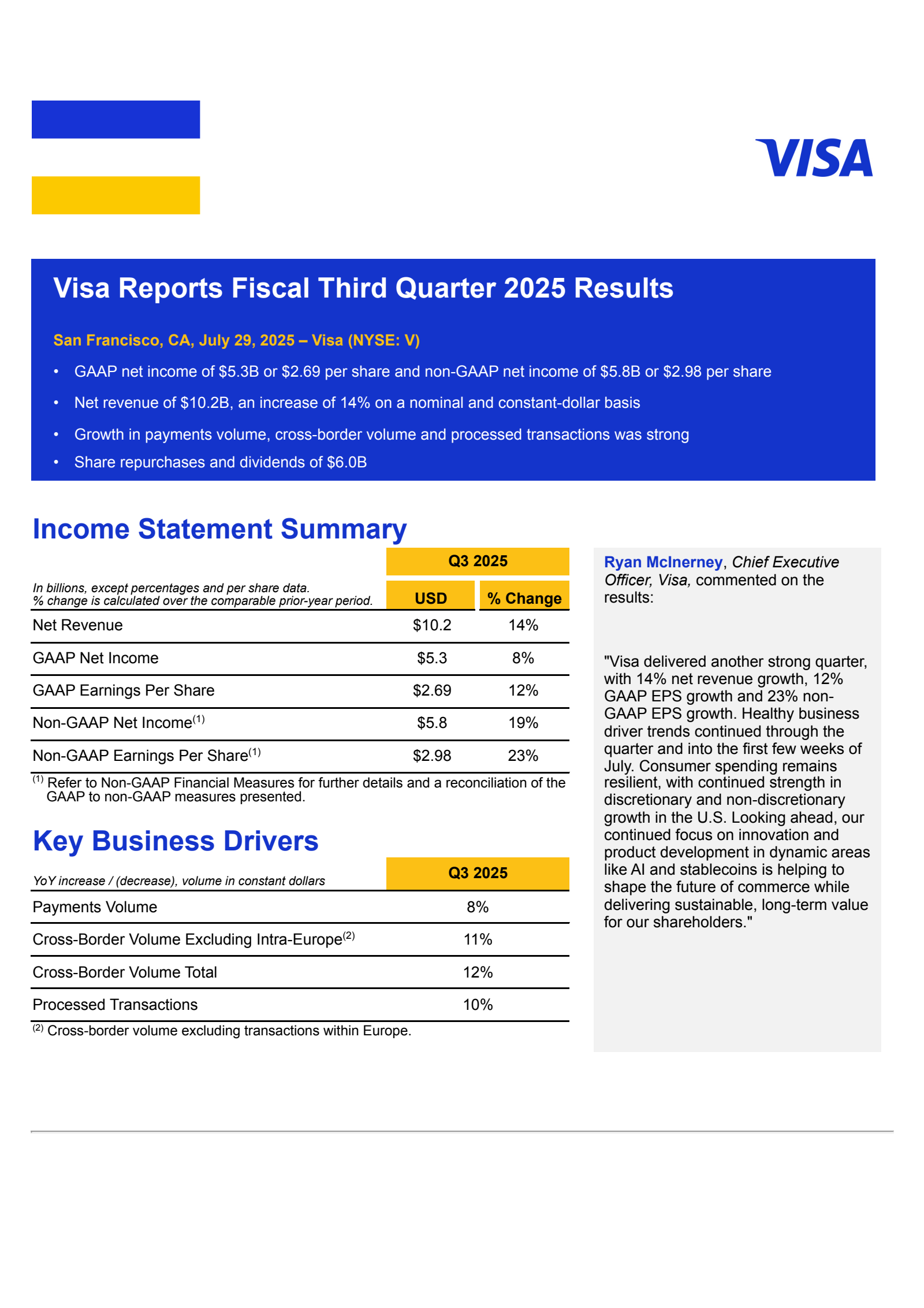 Visa's Q3 2025 Press Release