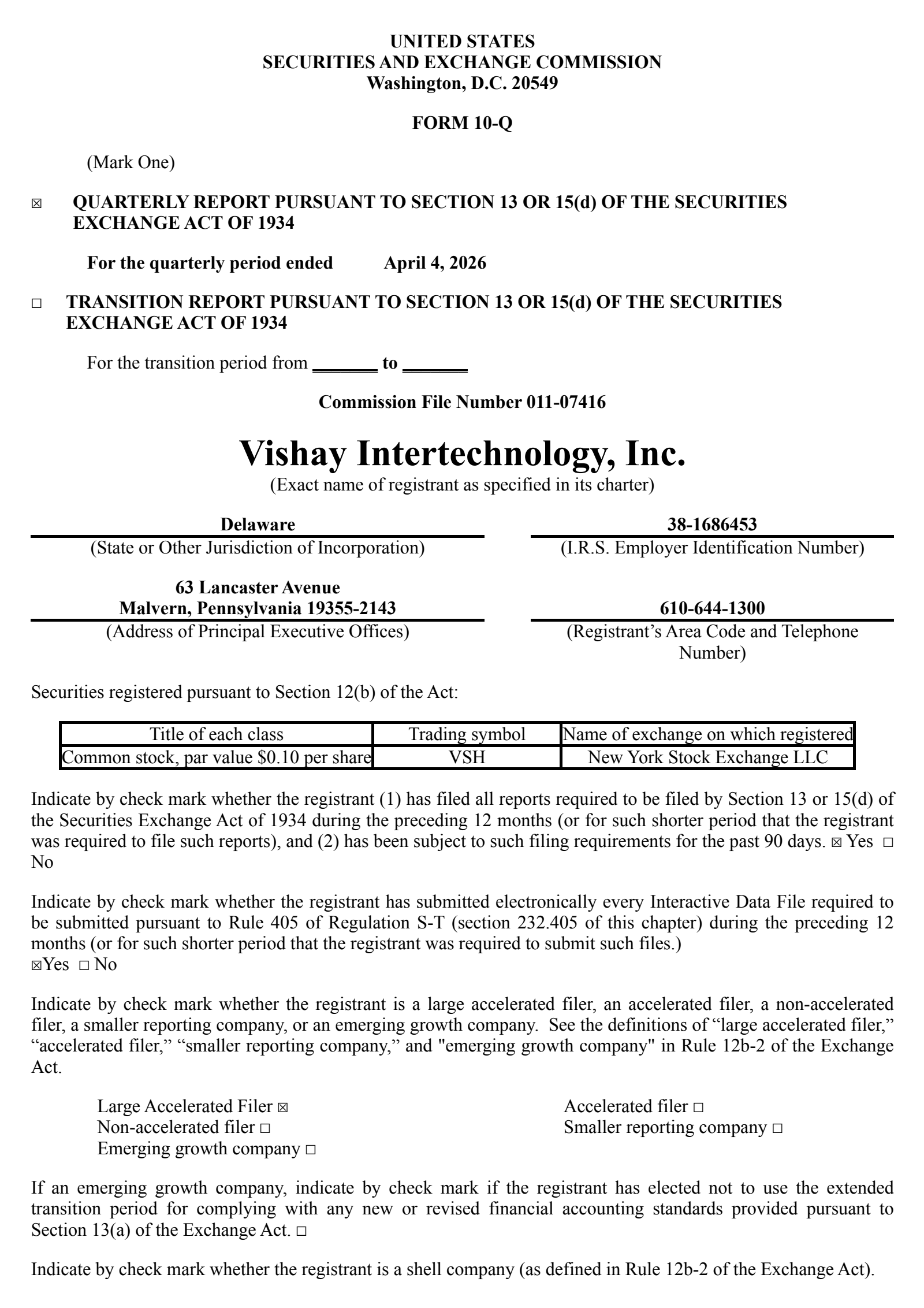Vishay Intertechnology's Q1 2026 Quarterly report