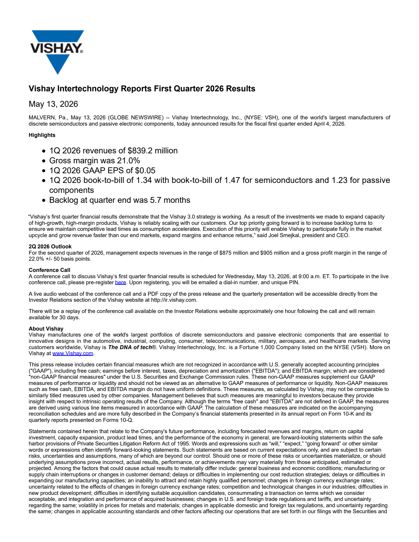 Vishay Intertechnology's Q1 2026 Press Release