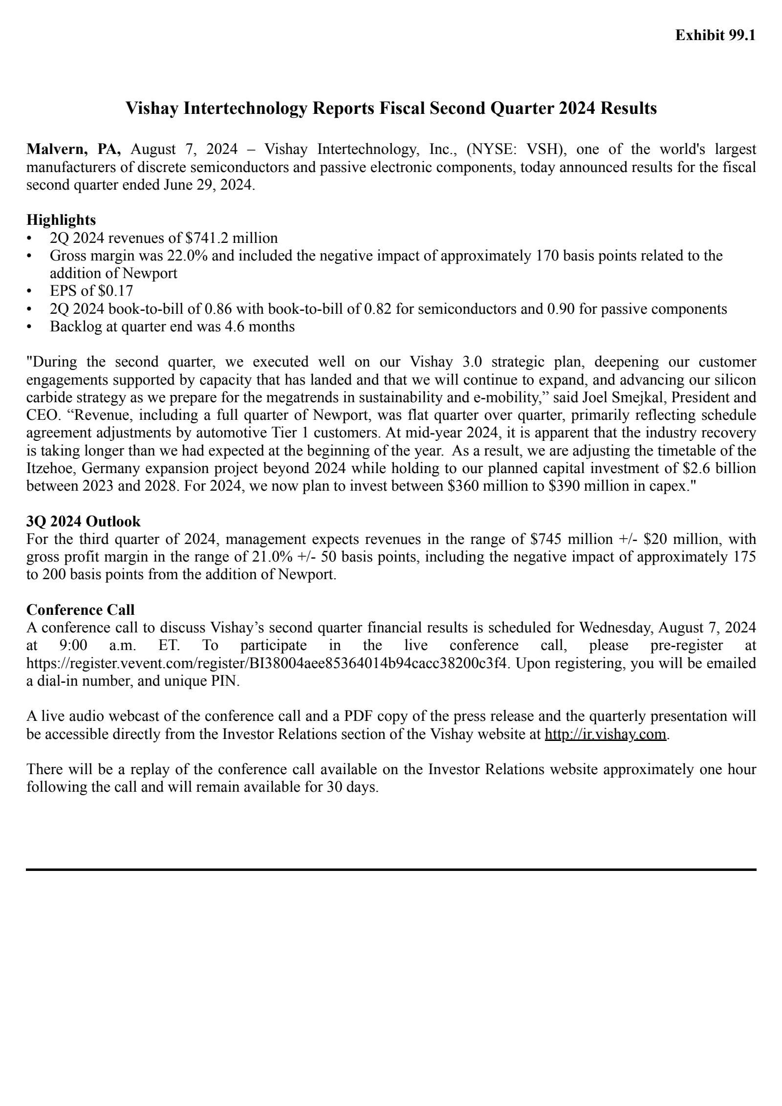 Vishay Intertechnology's Q2 2024 Press Release