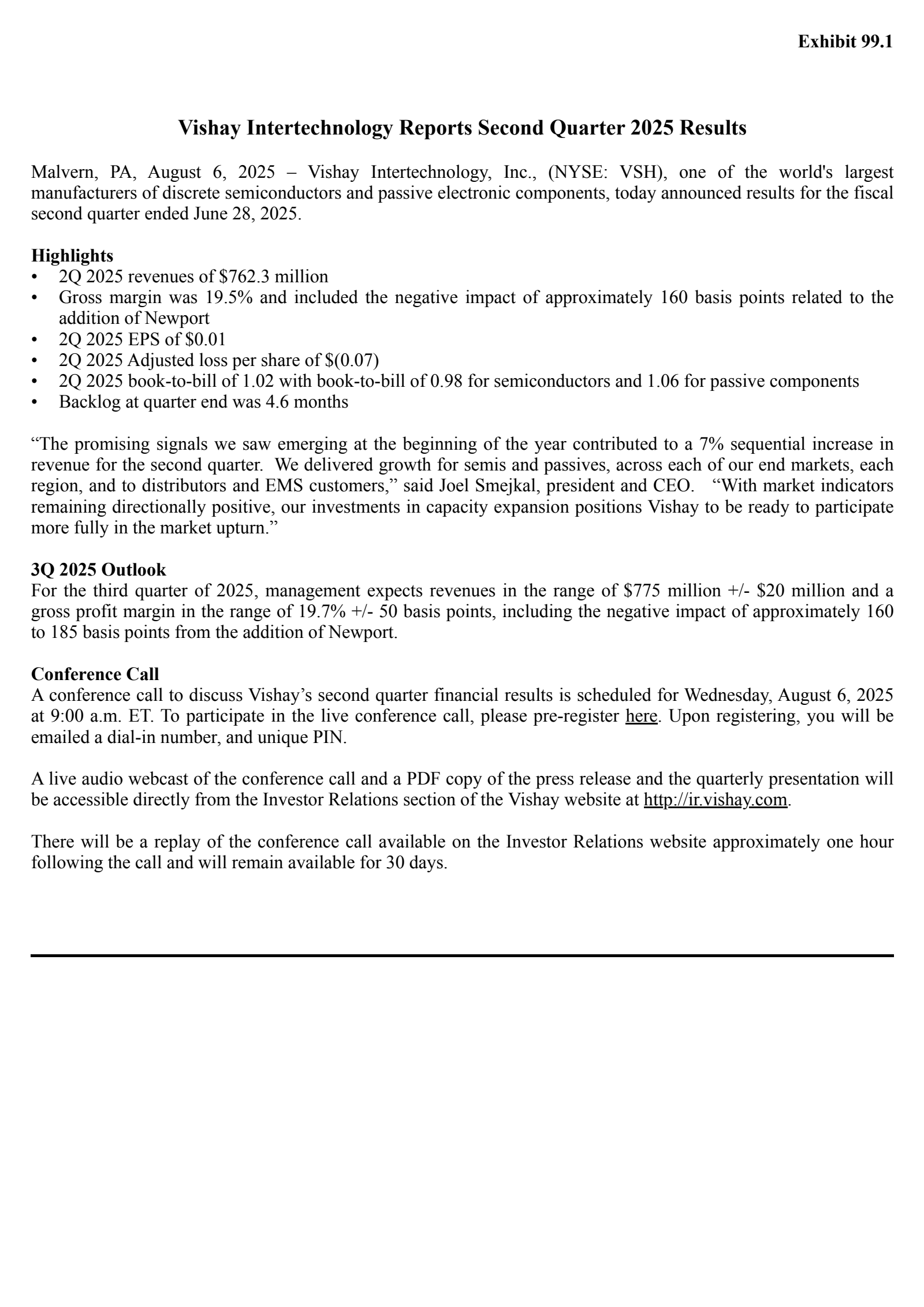 Vishay Intertechnology's Q2 2025 Press Release