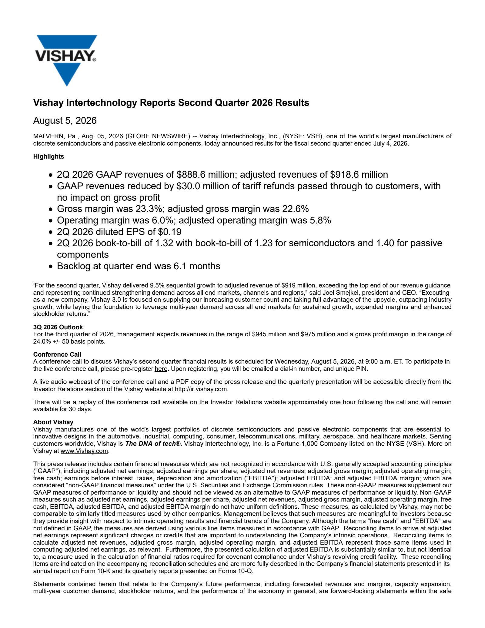 Vishay Intertechnology's Q2 2026 Press Release