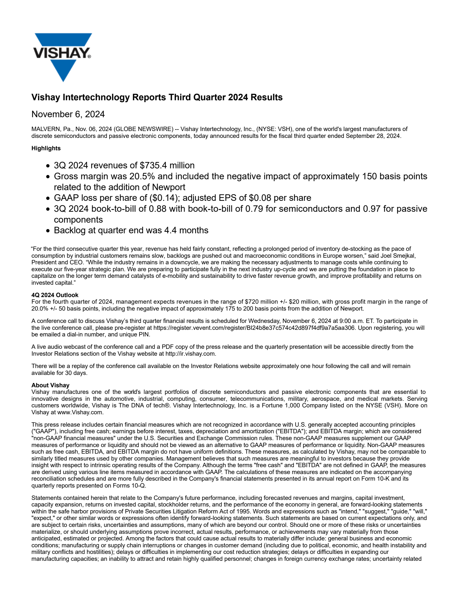 Vishay Intertechnology's Q3 2024 Press Release