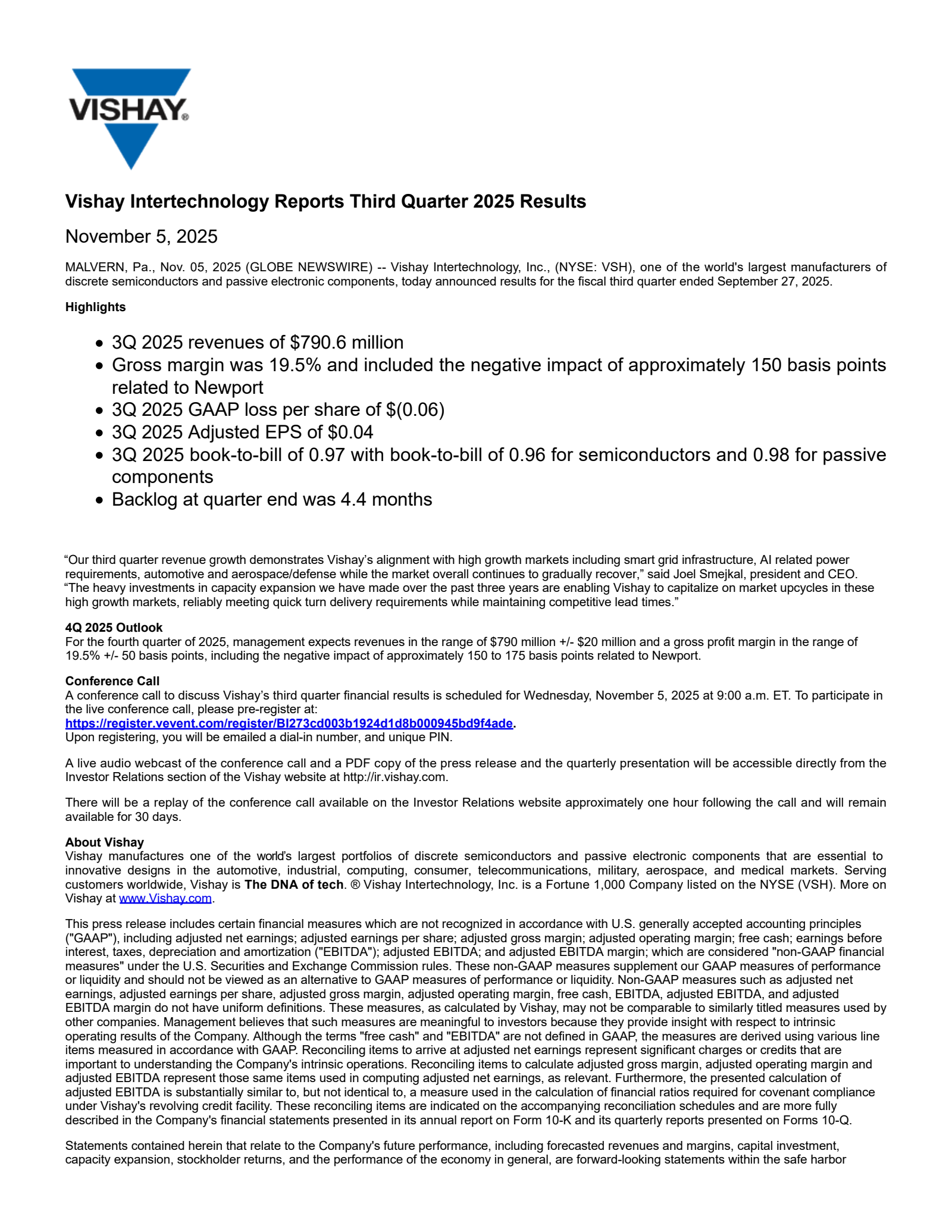 Vishay Intertechnology's Q3 2025 Earnings Release