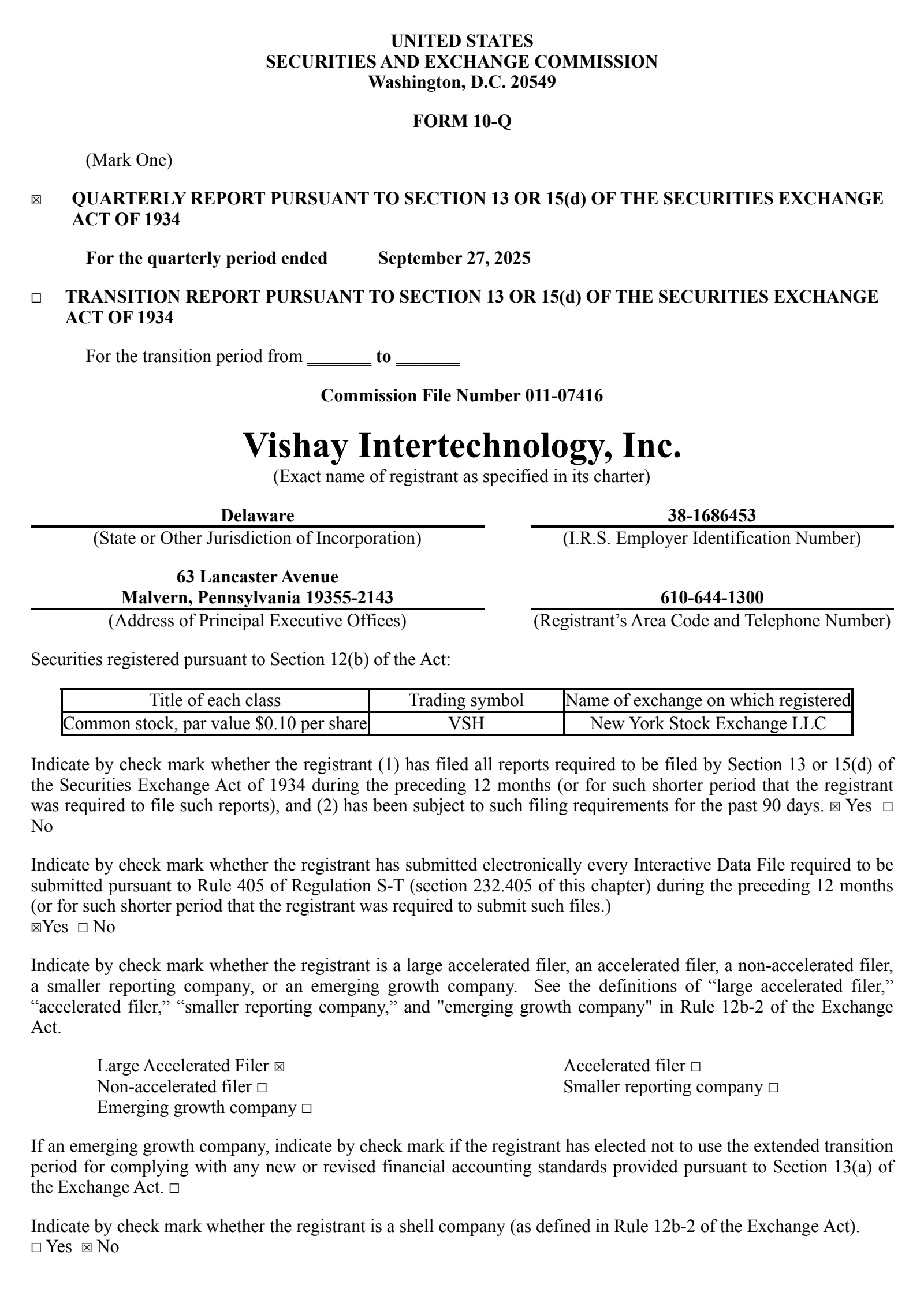 Vishay Intertechnology's Q3 2025 Quarterly Report