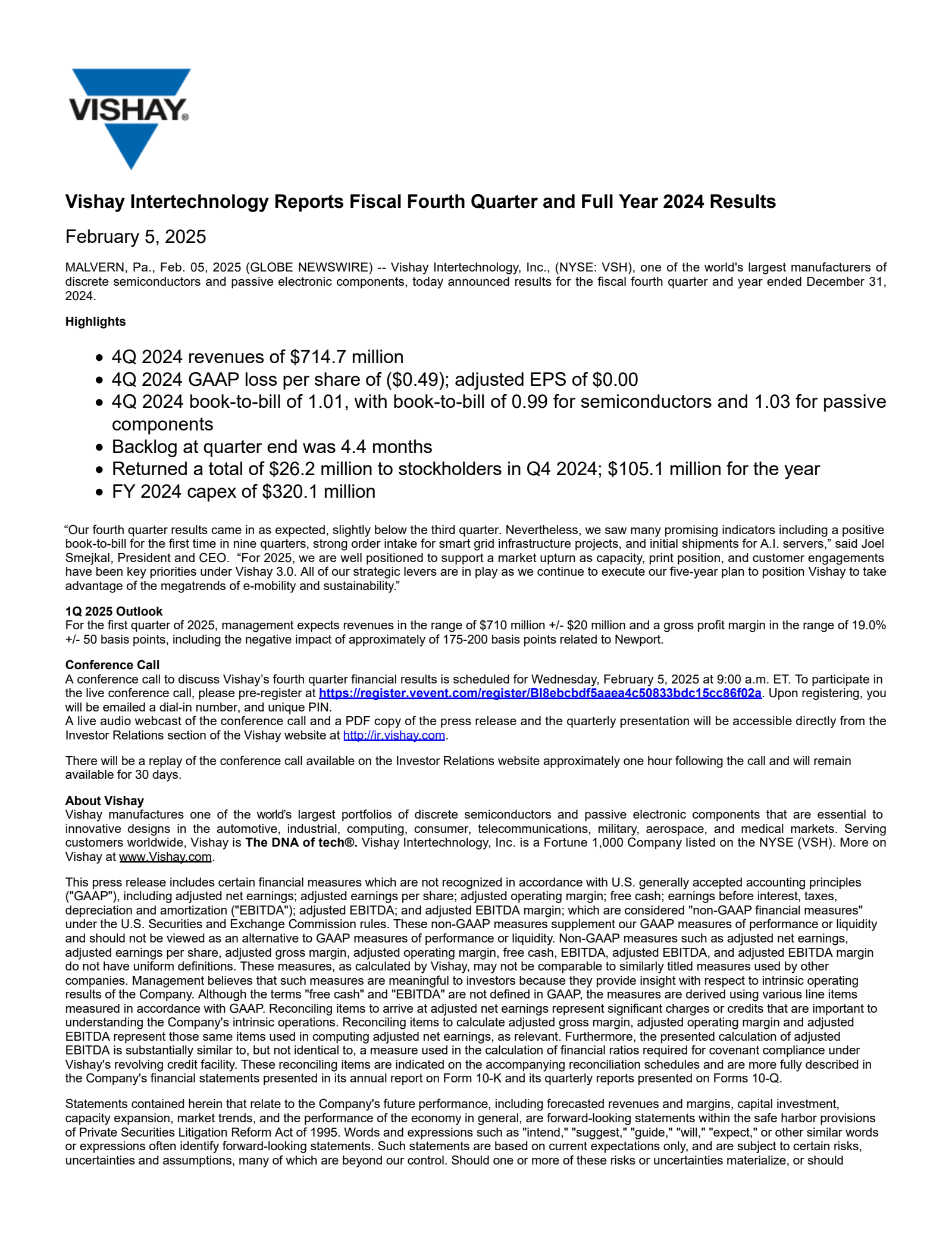 Vishay Intertechnology's Q4 2024 Press Release
