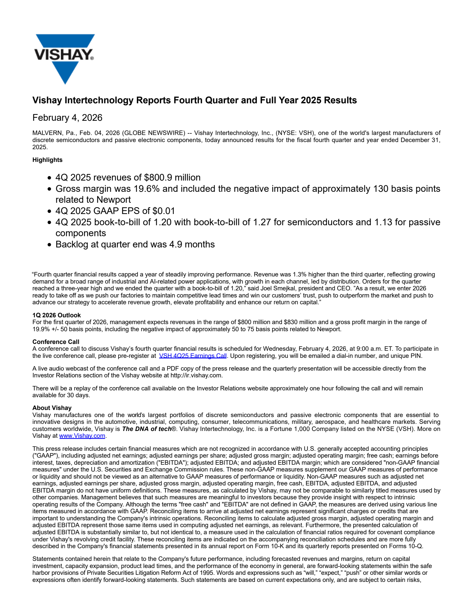 Vishay Intertechnology's Q4 2025 Press Release