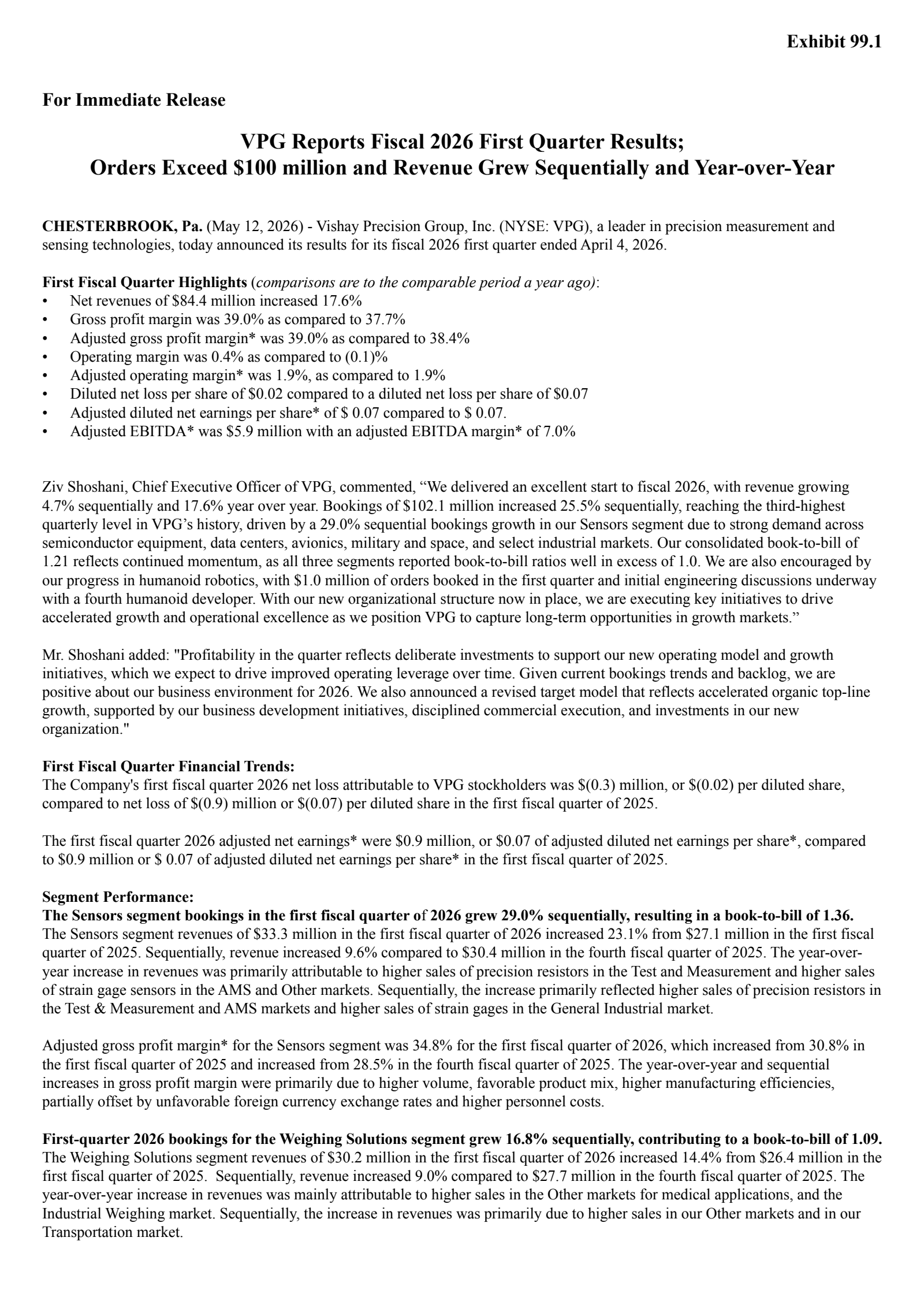 Vishay Precision Group's Q1 2026 Press Release