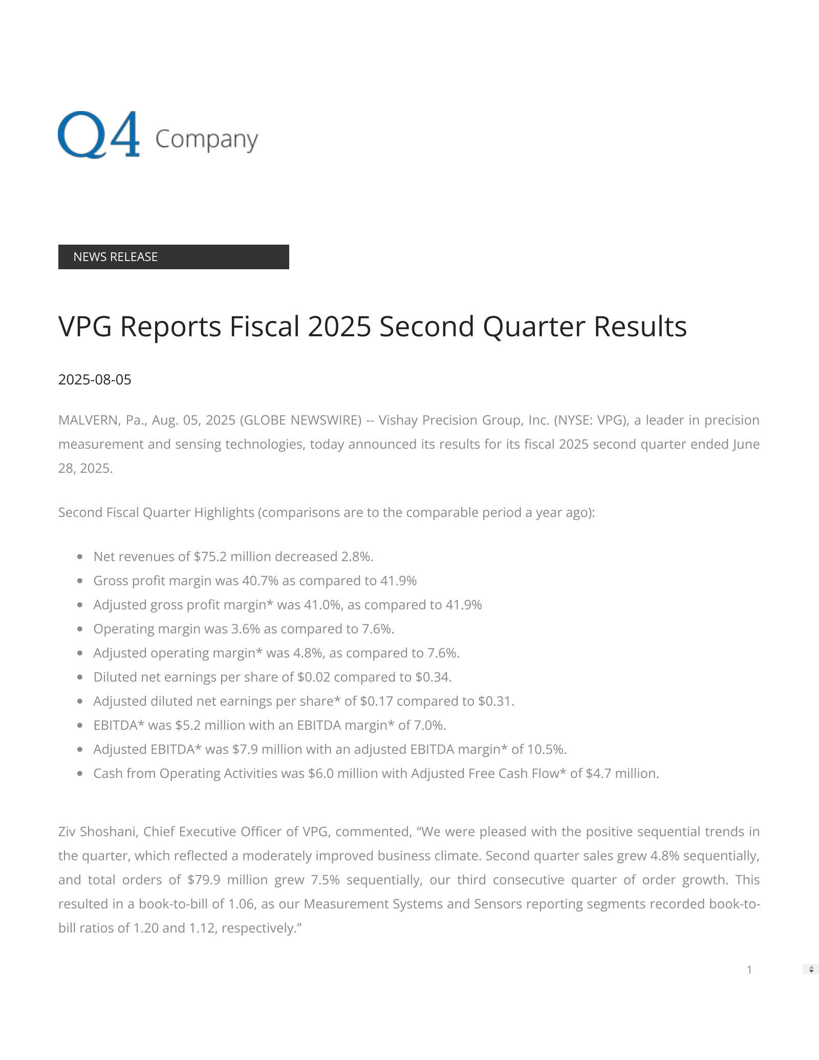 Vishay Precision Group's Q2 2025 Press Release