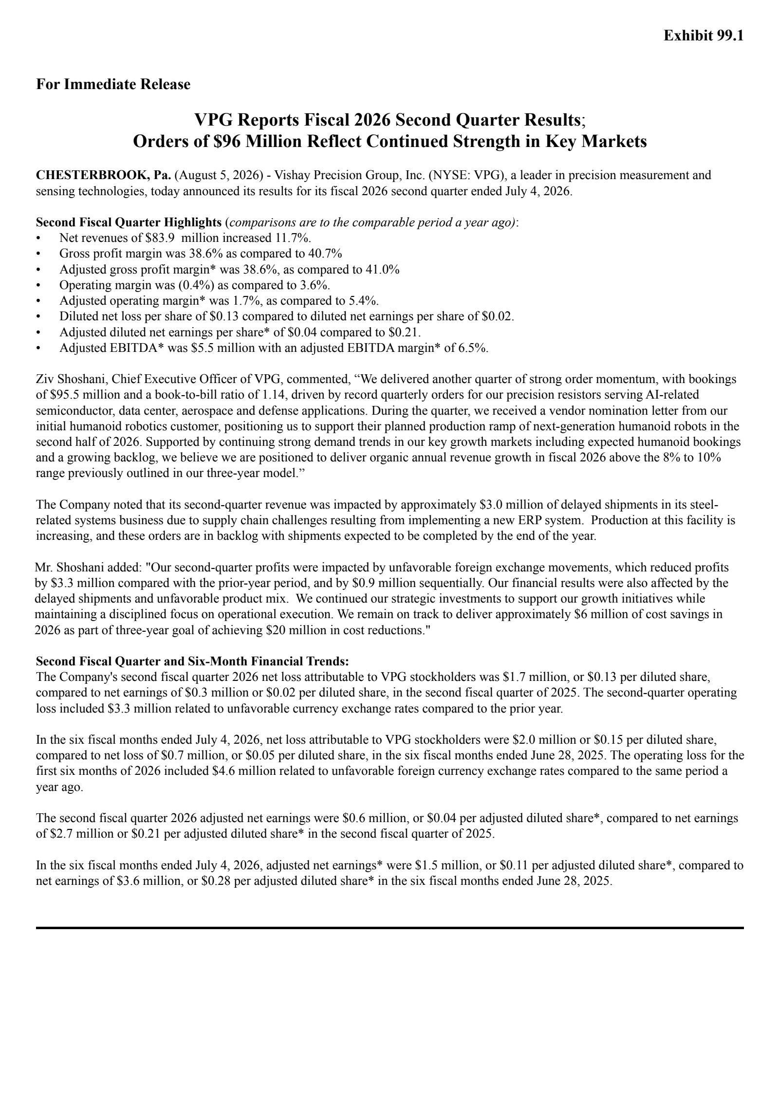 Vishay Precision Group's Q2 2026 Press Release