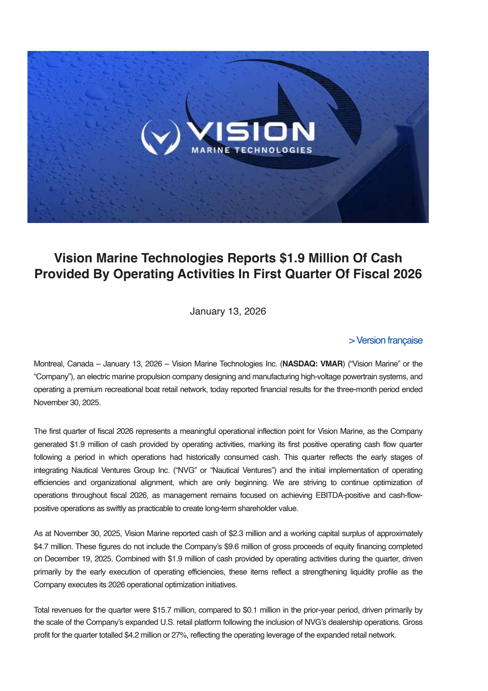 Vision Marine Technologies' Q1 2026 Press Release