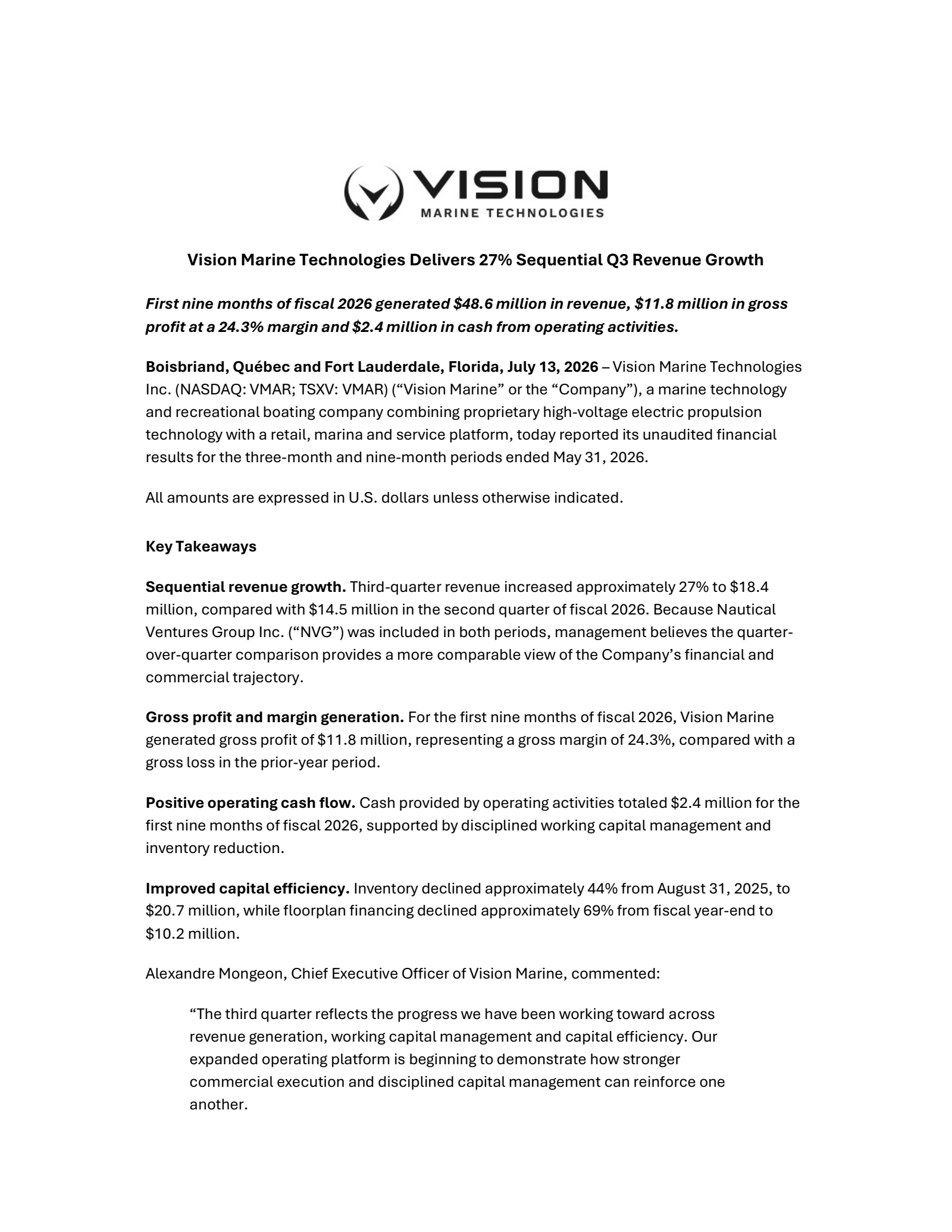 Vision Marine Technologies' Q3 2026 Press Release