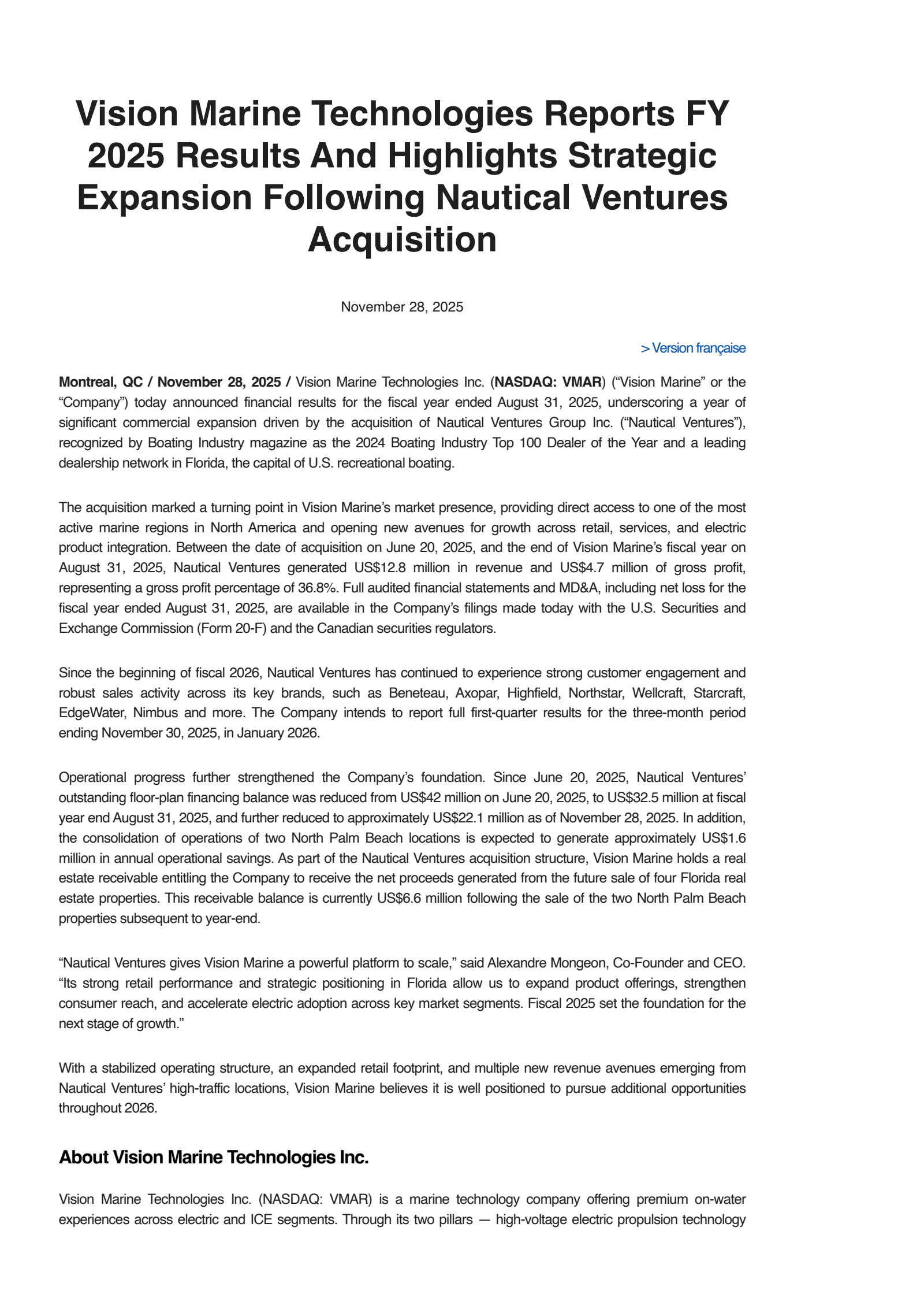 Vision Marine Technologies' Q4 2025 Press Release