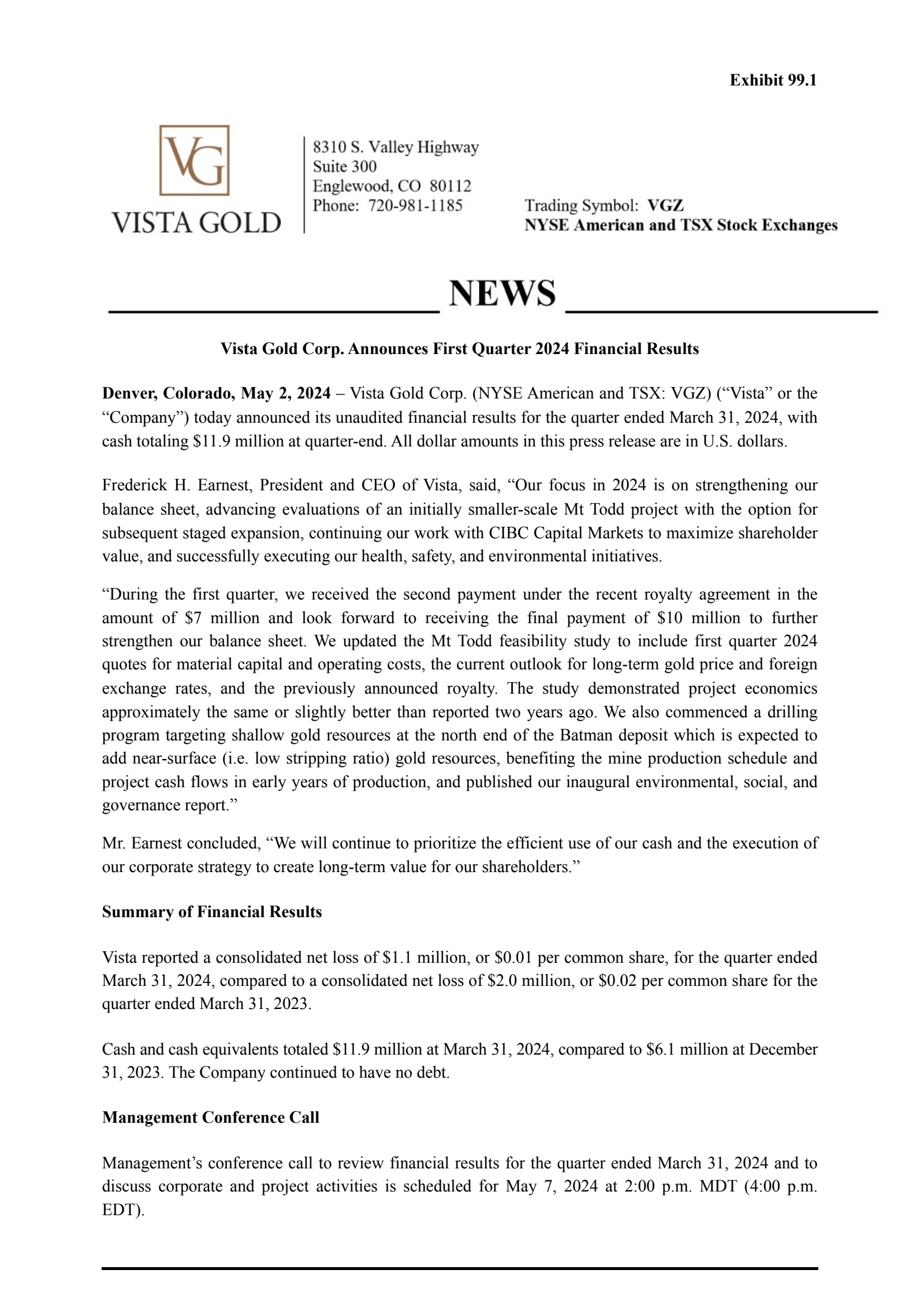 Vista Gold's Q1 2024 Press Release