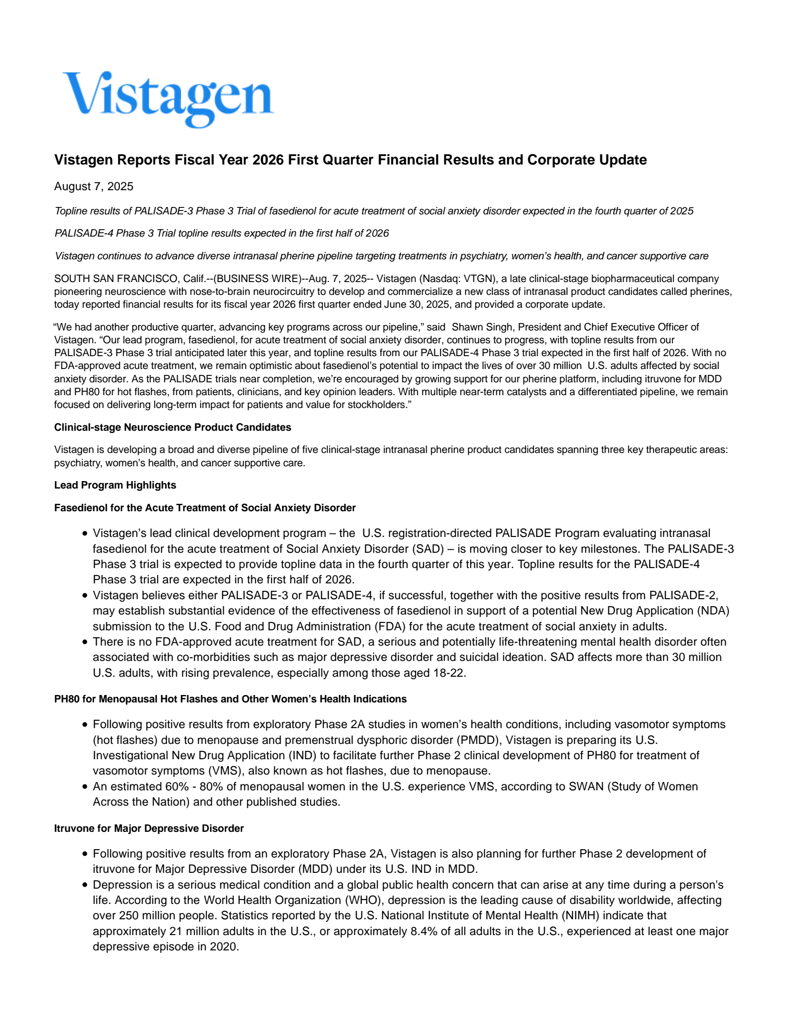 VistaGen Therapeutics' Q1 2026 Press Release