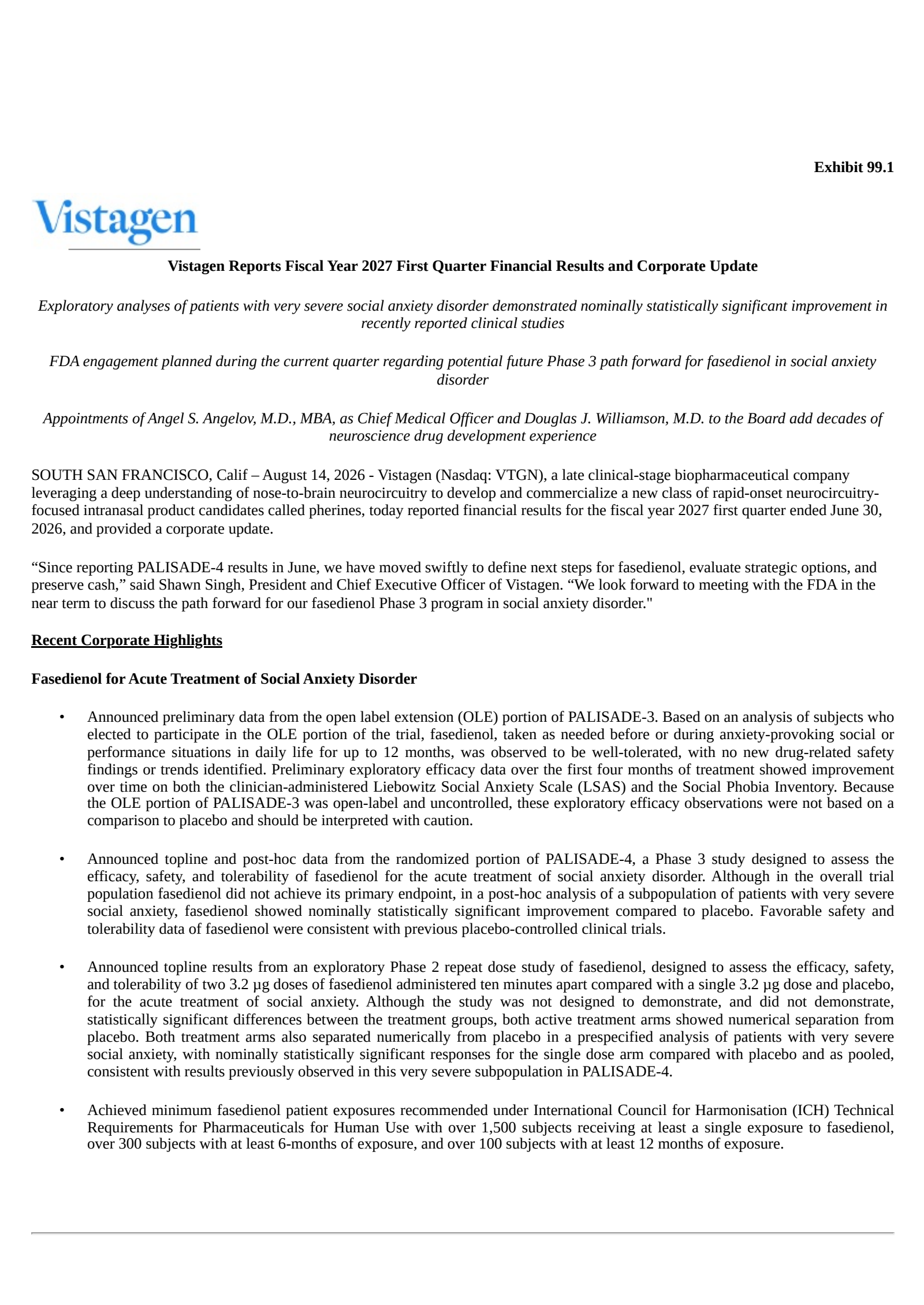 VistaGen Therapeutics' Q1 2027 Press Release