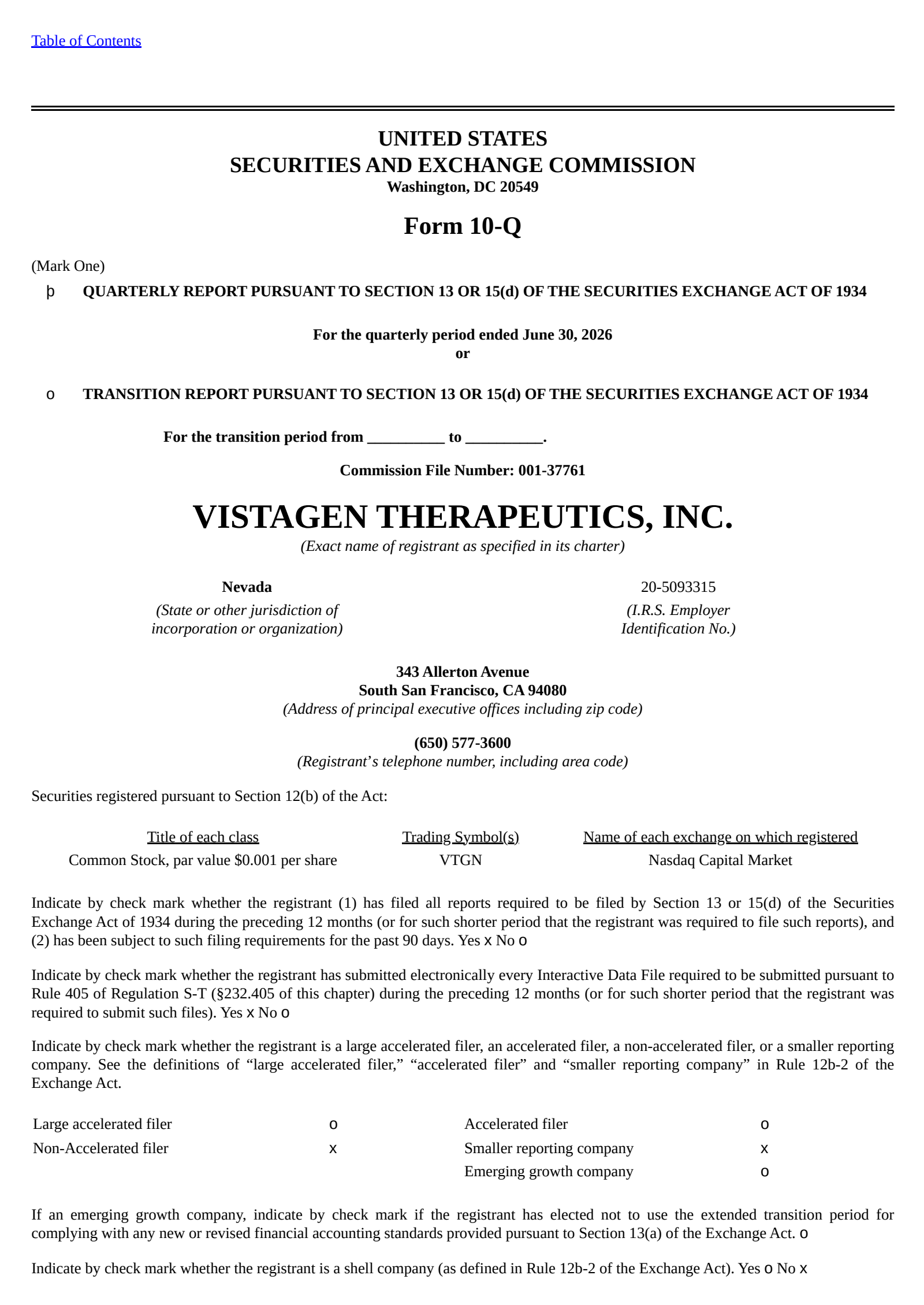 VistaGen Therapeutics' Q1 2027 Quarterly report