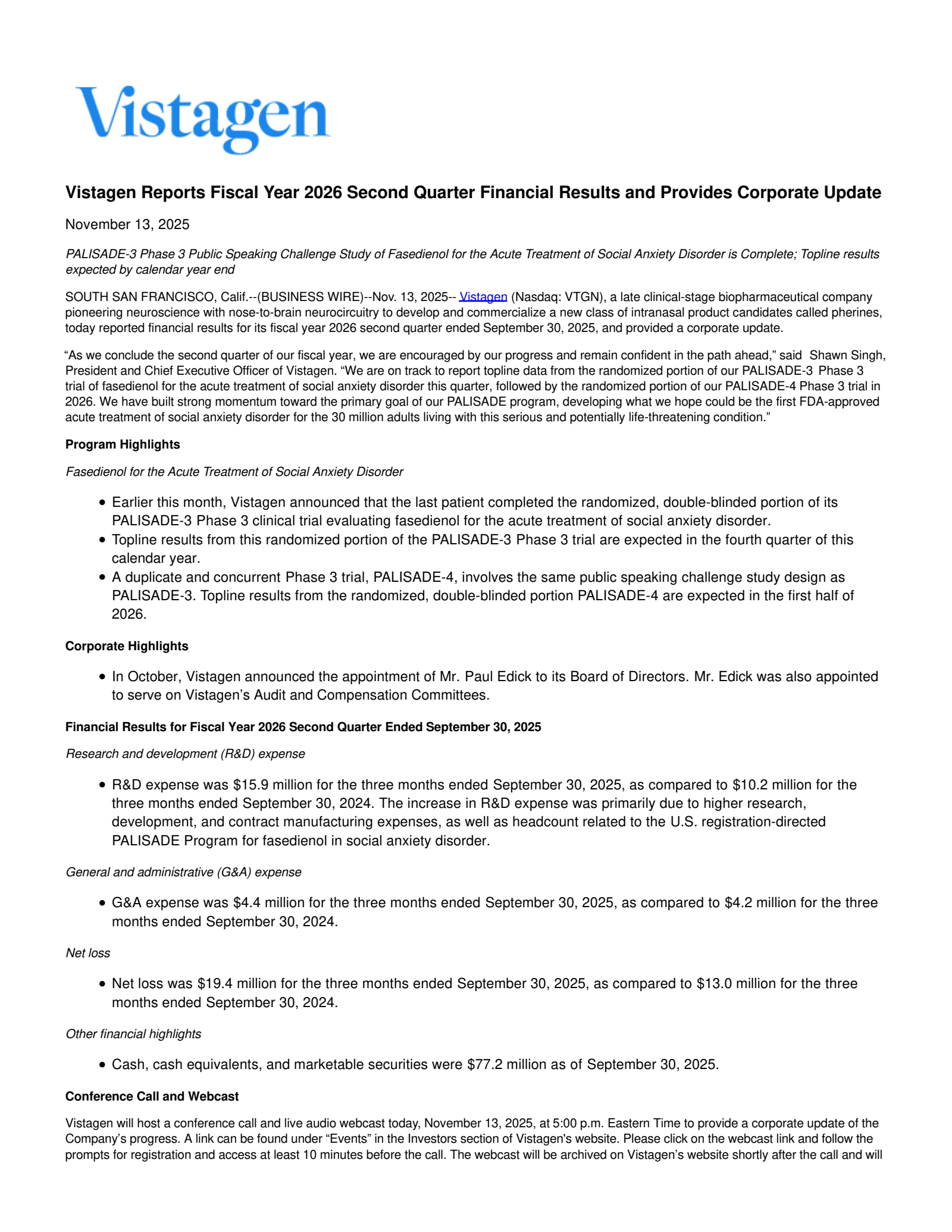 VistaGen Therapeutics' Q2 2026 Earnings Release