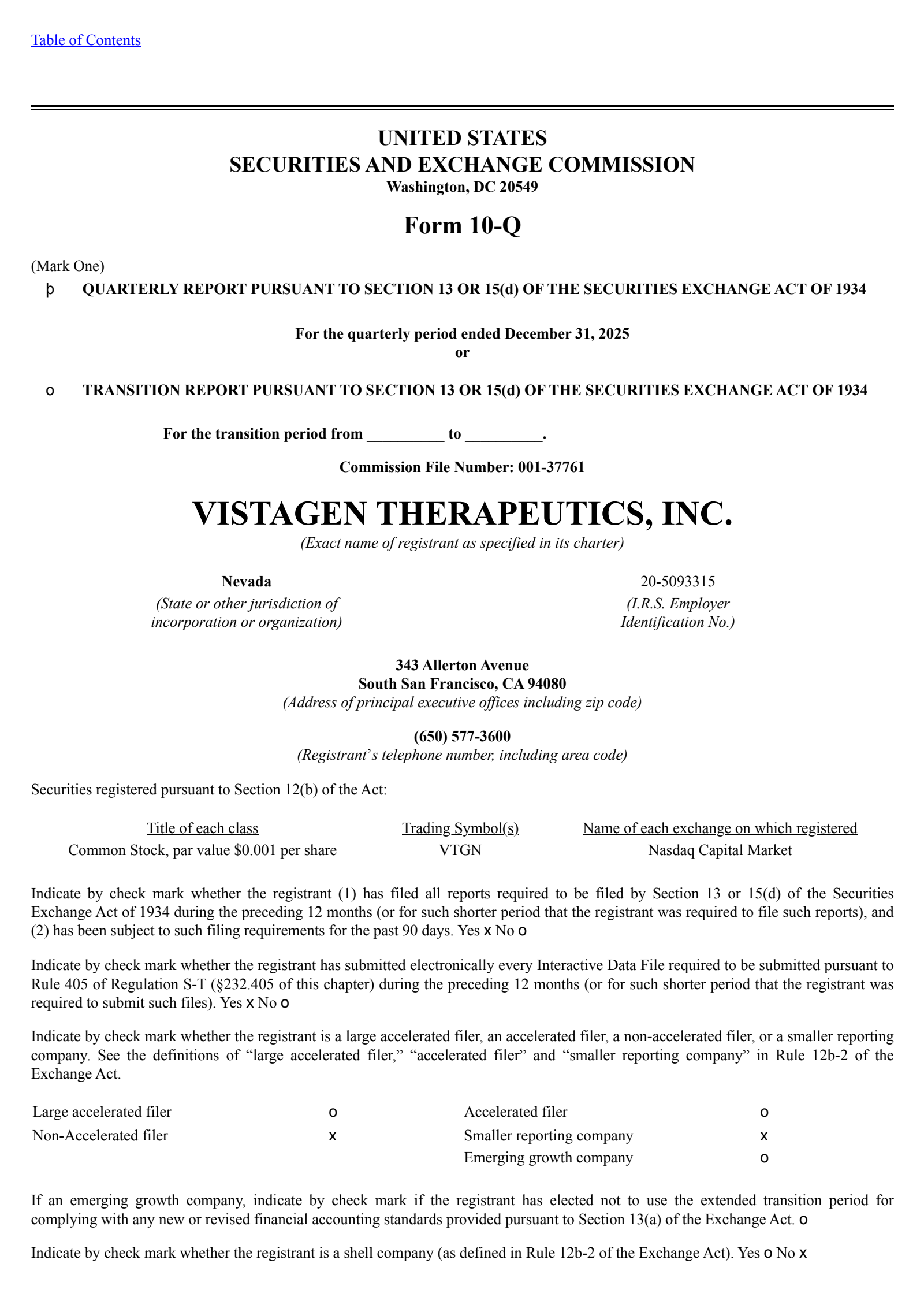 VistaGen Therapeutics' Q3 2026 Quarterly report