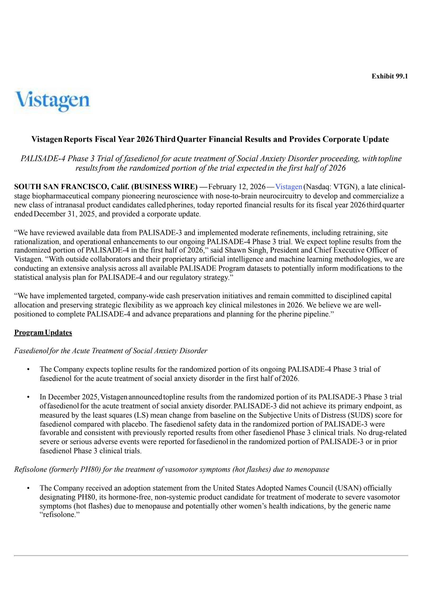 VistaGen Therapeutics' Q3 2026 Press Release