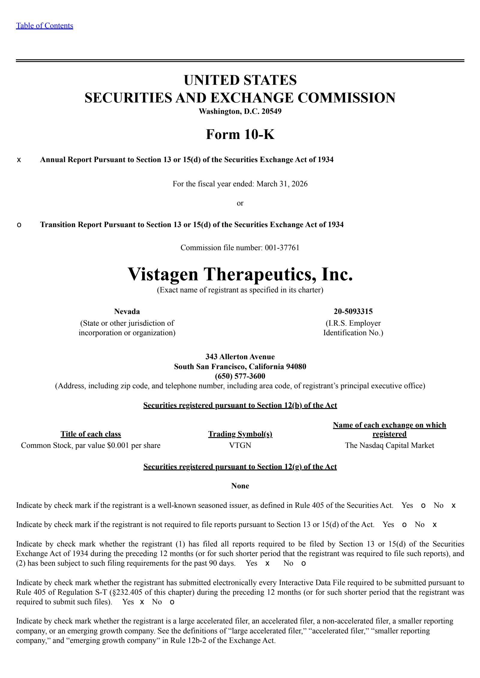 VistaGen Therapeutics' Q4 2026 Annual report
