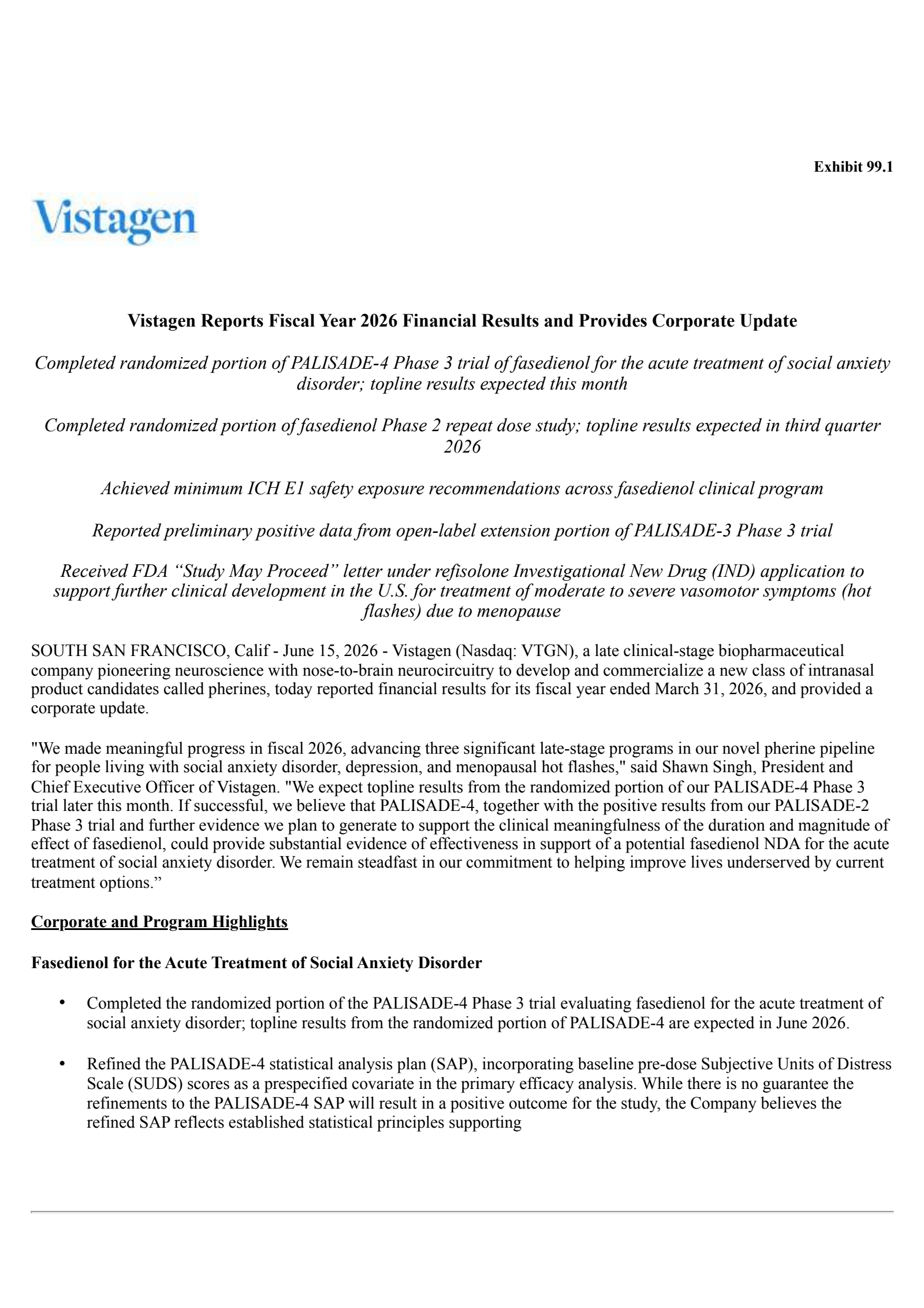 VistaGen Therapeutics' Q4 2026 Press Release