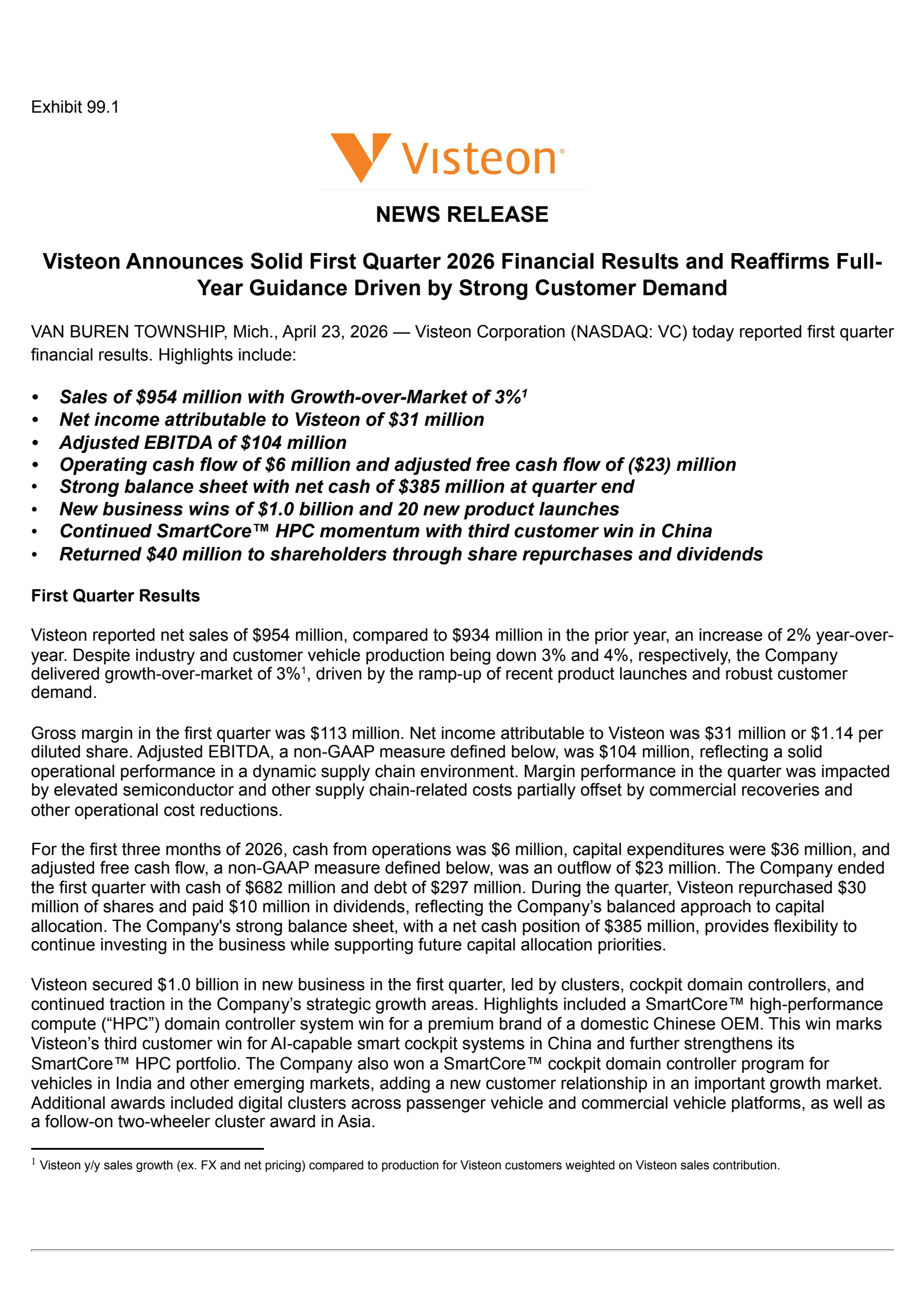 Visteon's Q1 2026 Press Release