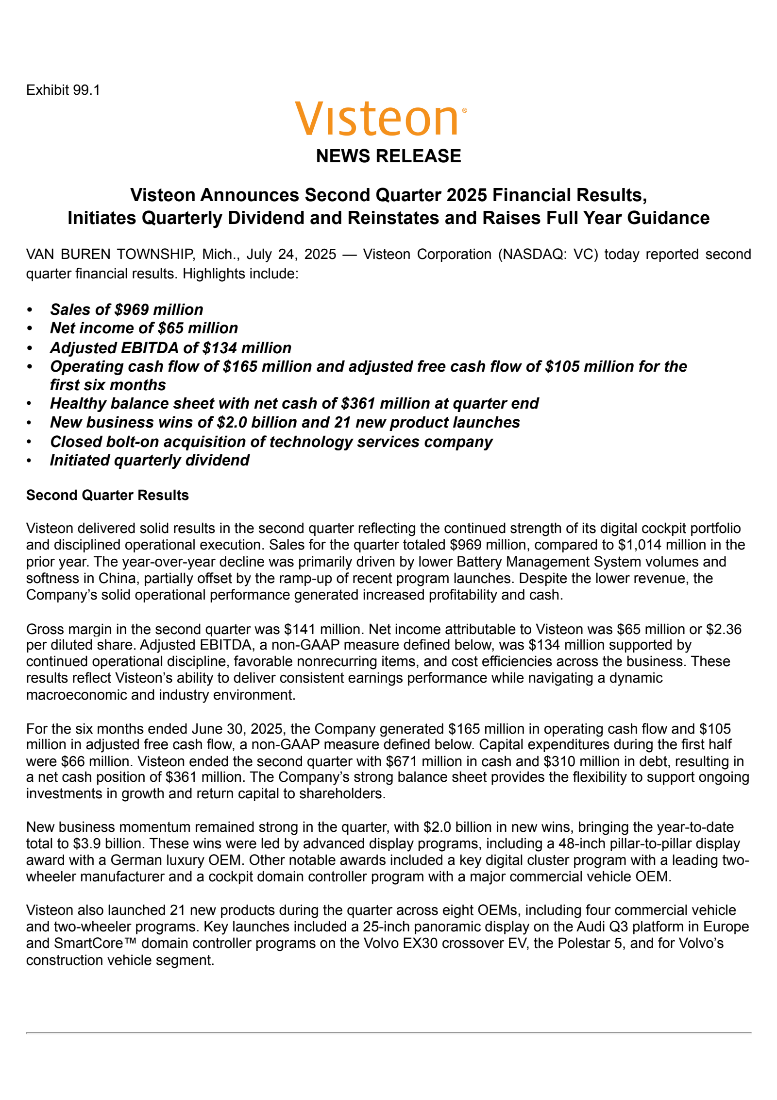 Visteon's Q2 2025 Press Release