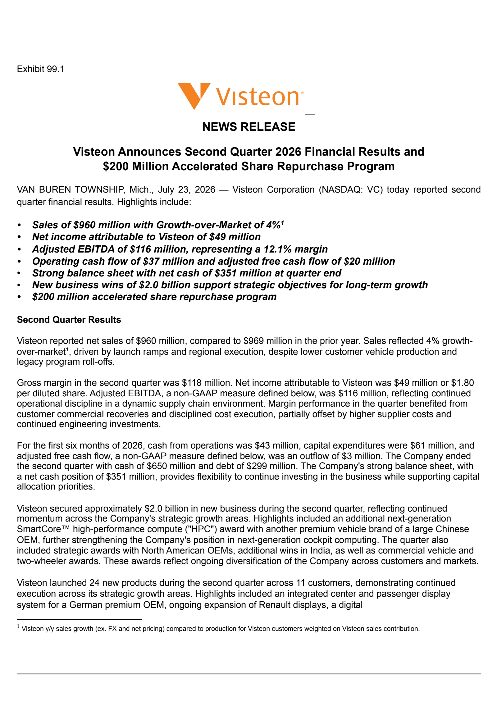 Visteon's Q2 2026 Press Release