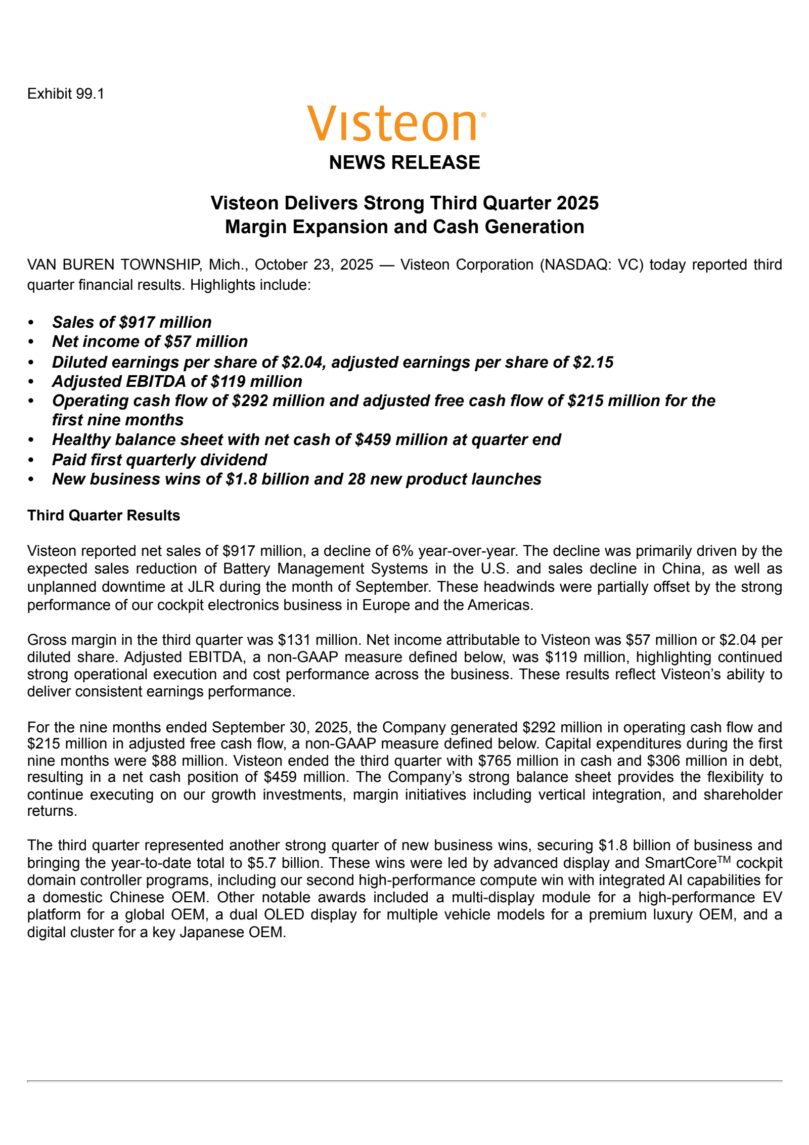 Visteon's Q3 2025 Earnings Release