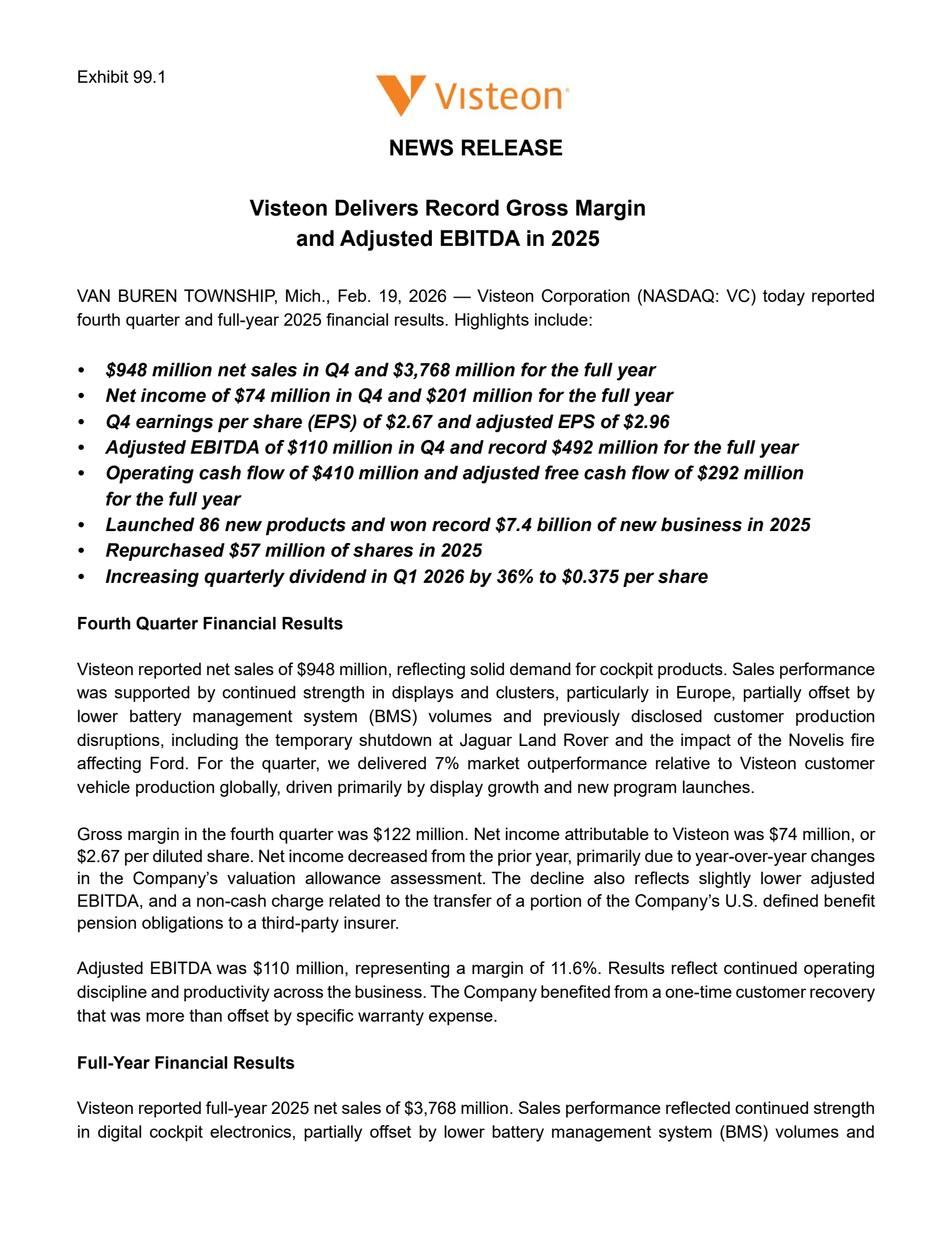Visteon's Q4 2025 Press Release