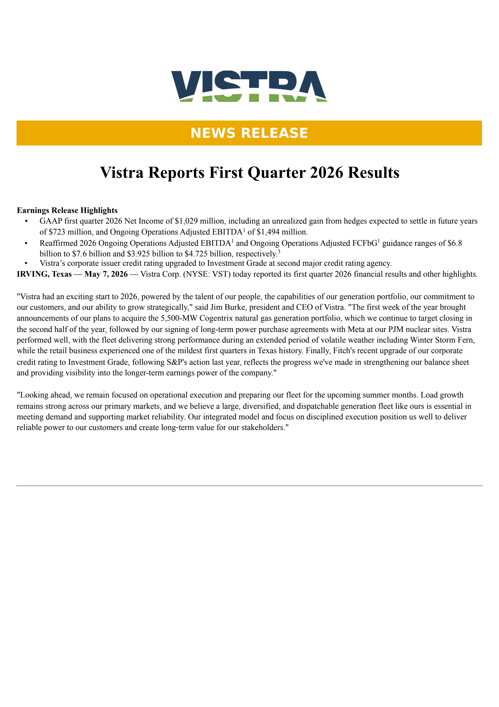 Vistra's Q1 2026 Press Release