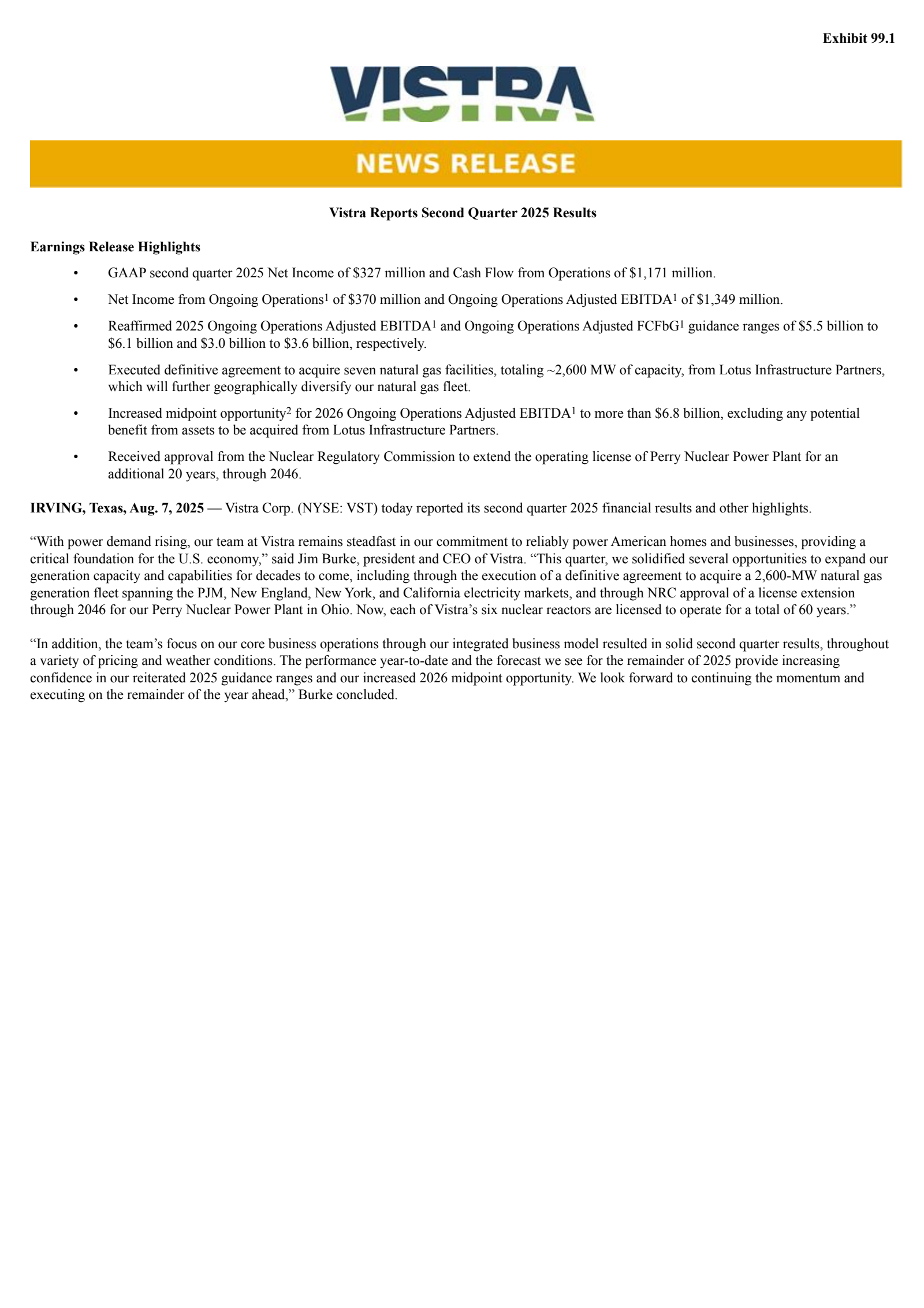 Vistra's Q2 2025 Press Release