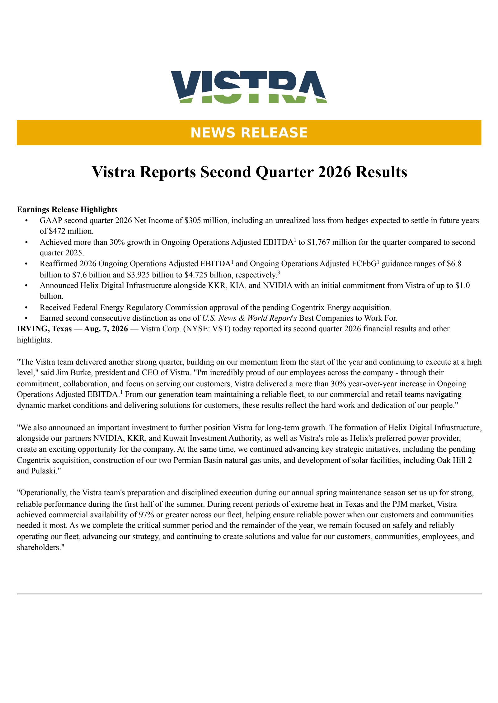 Vistra's Q2 2026 Press Release