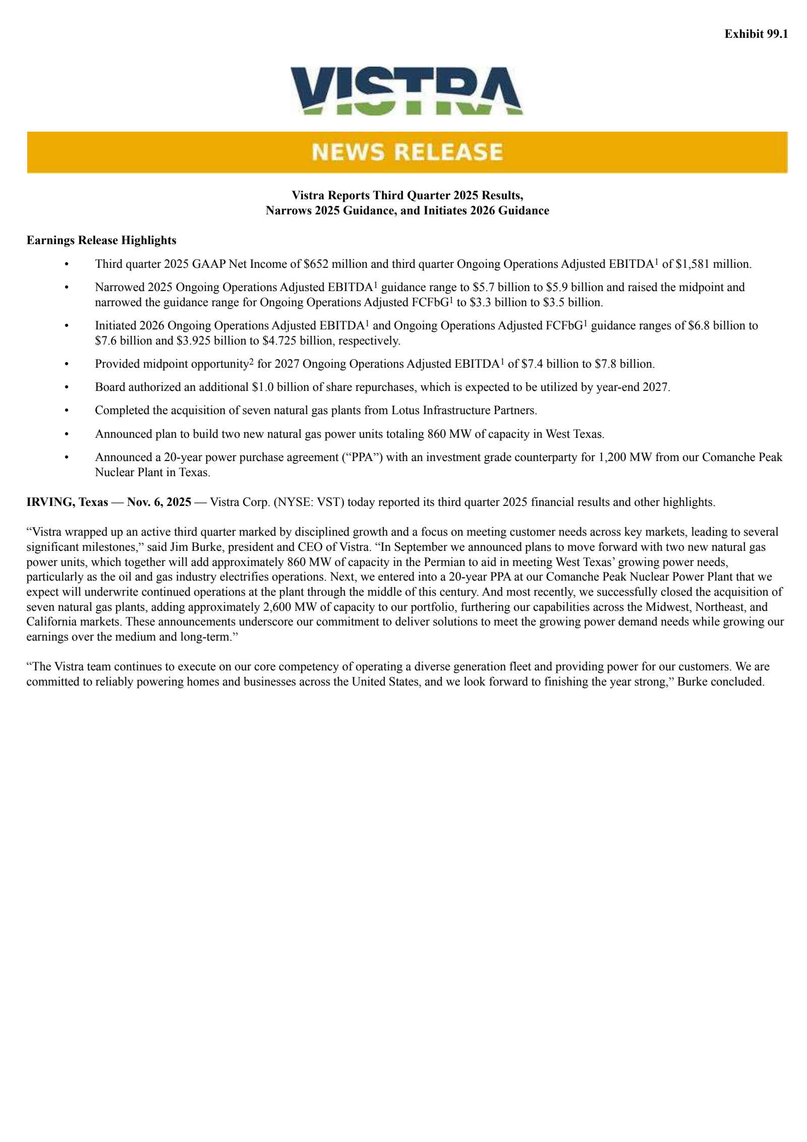 Vistra's Q3 2025 Earnings Release