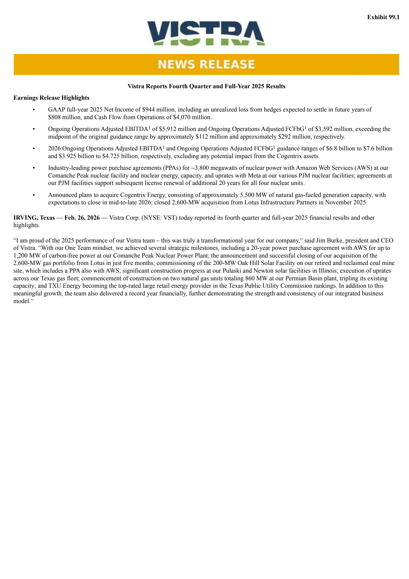 Vistra's Q4 2025 Press Release