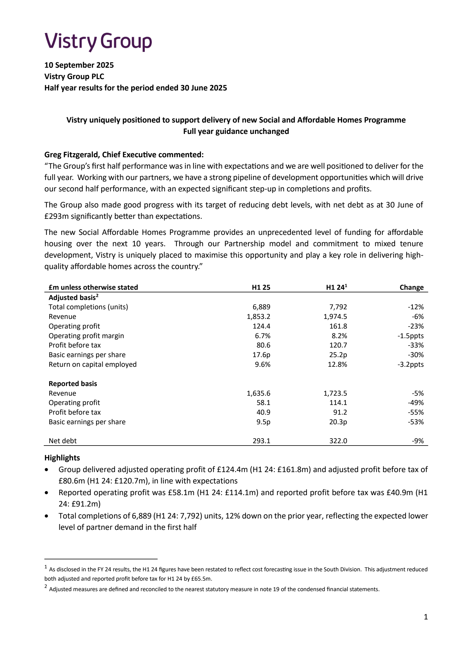 Vistry Group's H1 2025 Interim Report