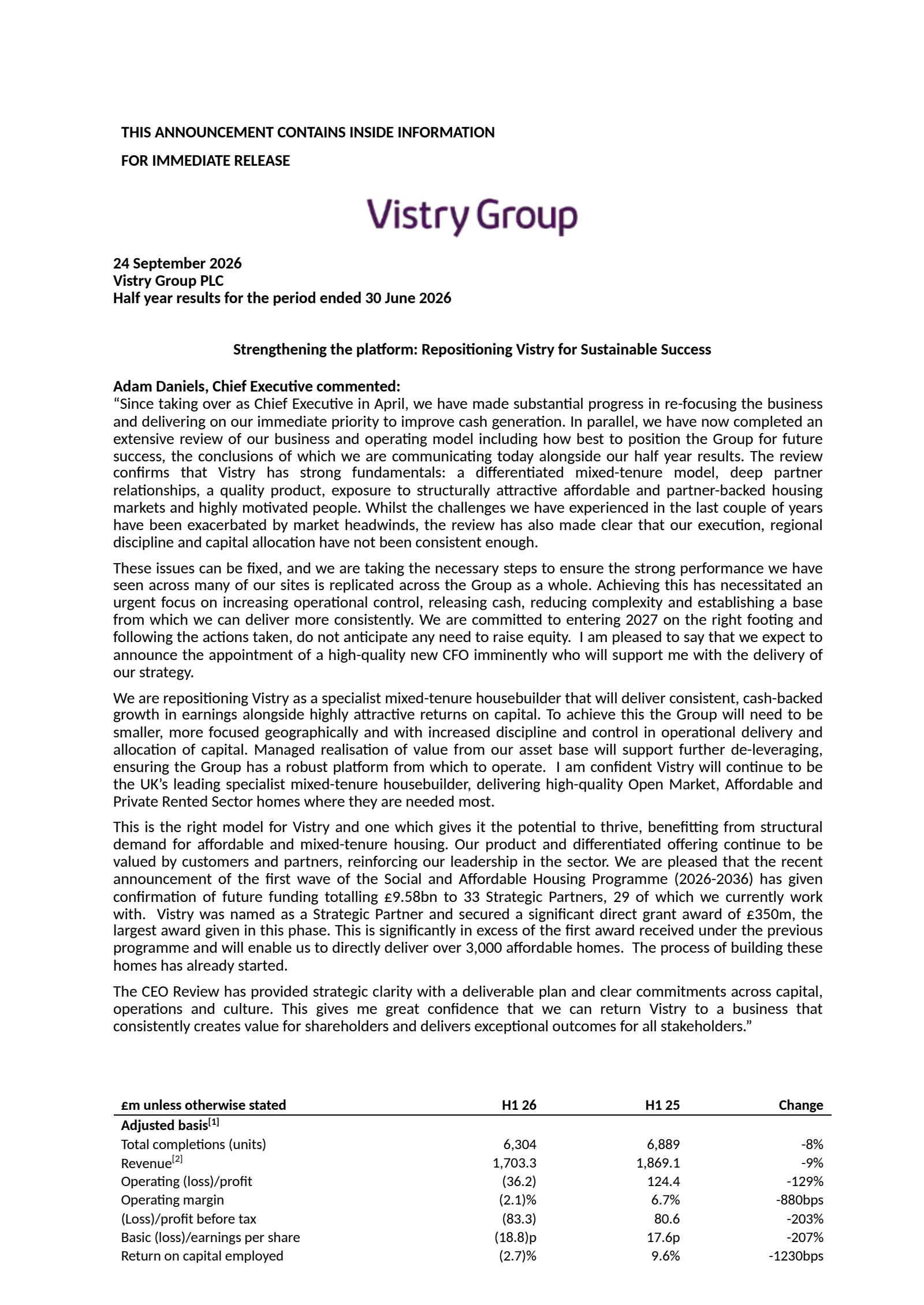 Vistry Group's H1 2026 Interim report