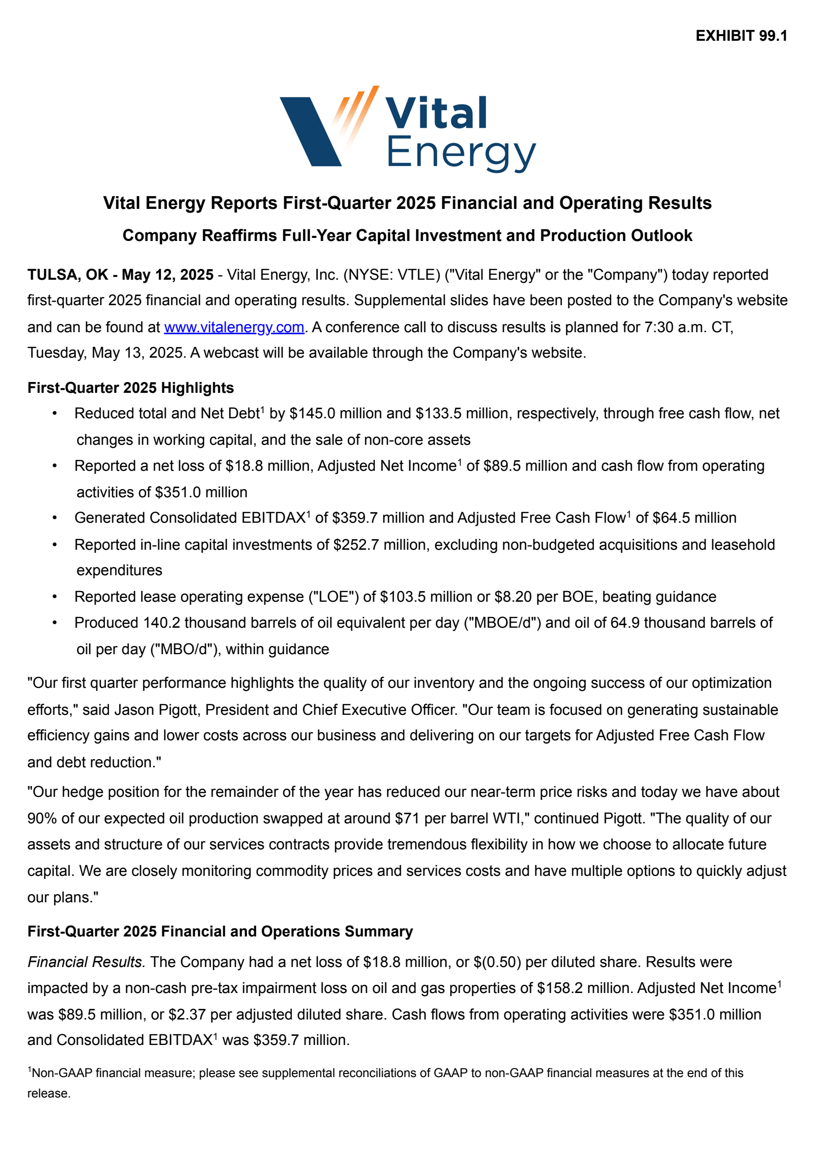 Vital Energy's Q1 2025 Press Release