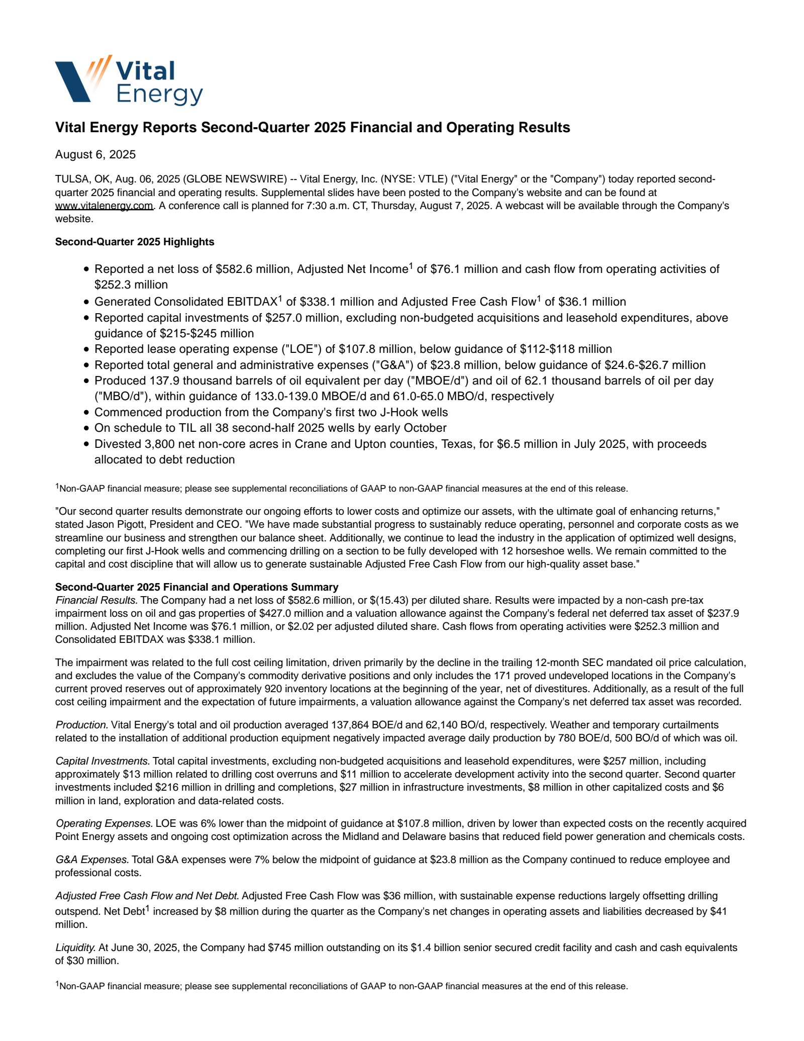 Vital Energy's Q2 2025 Press Release