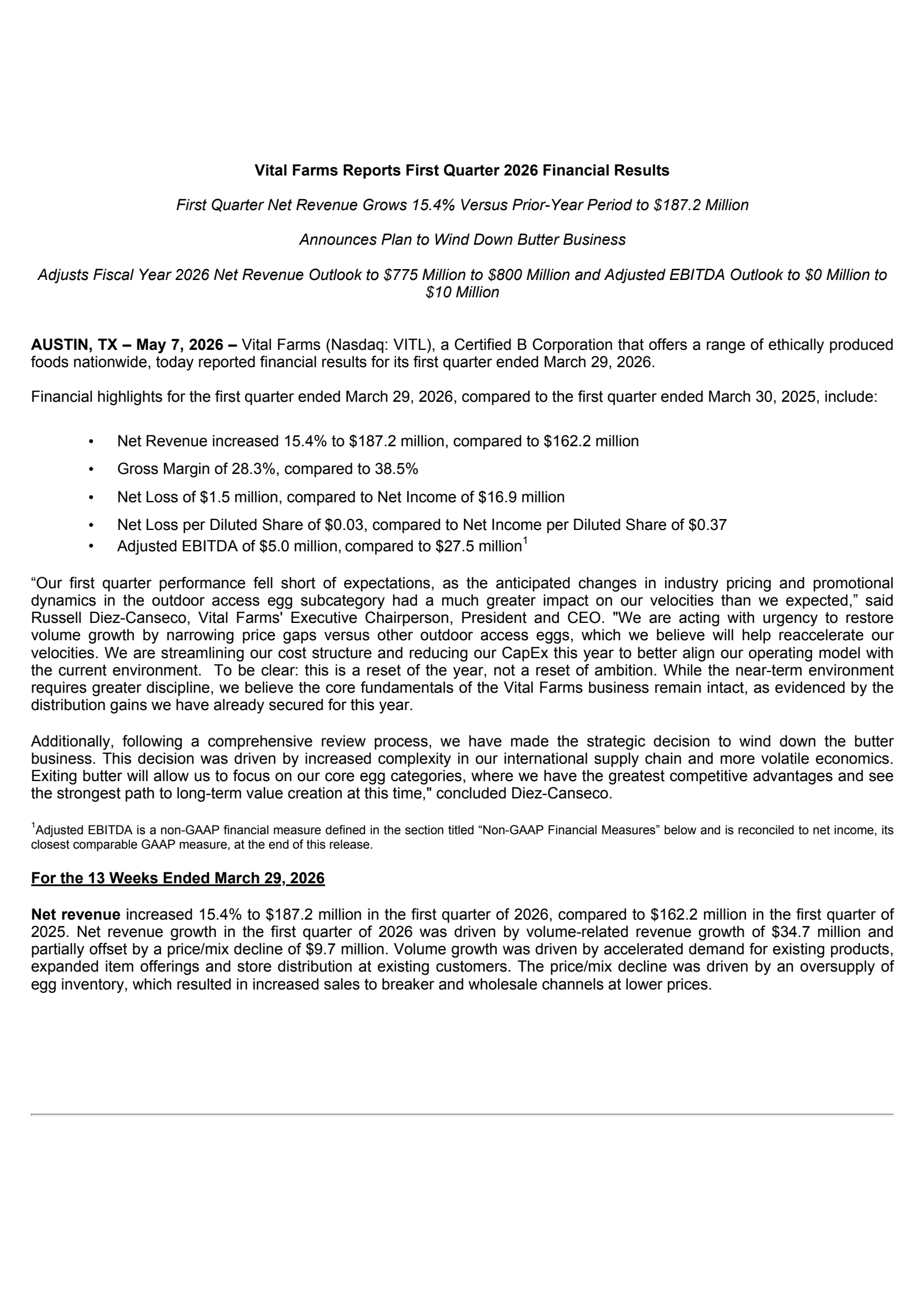 Vital Farms' Q1 2026 Press Release