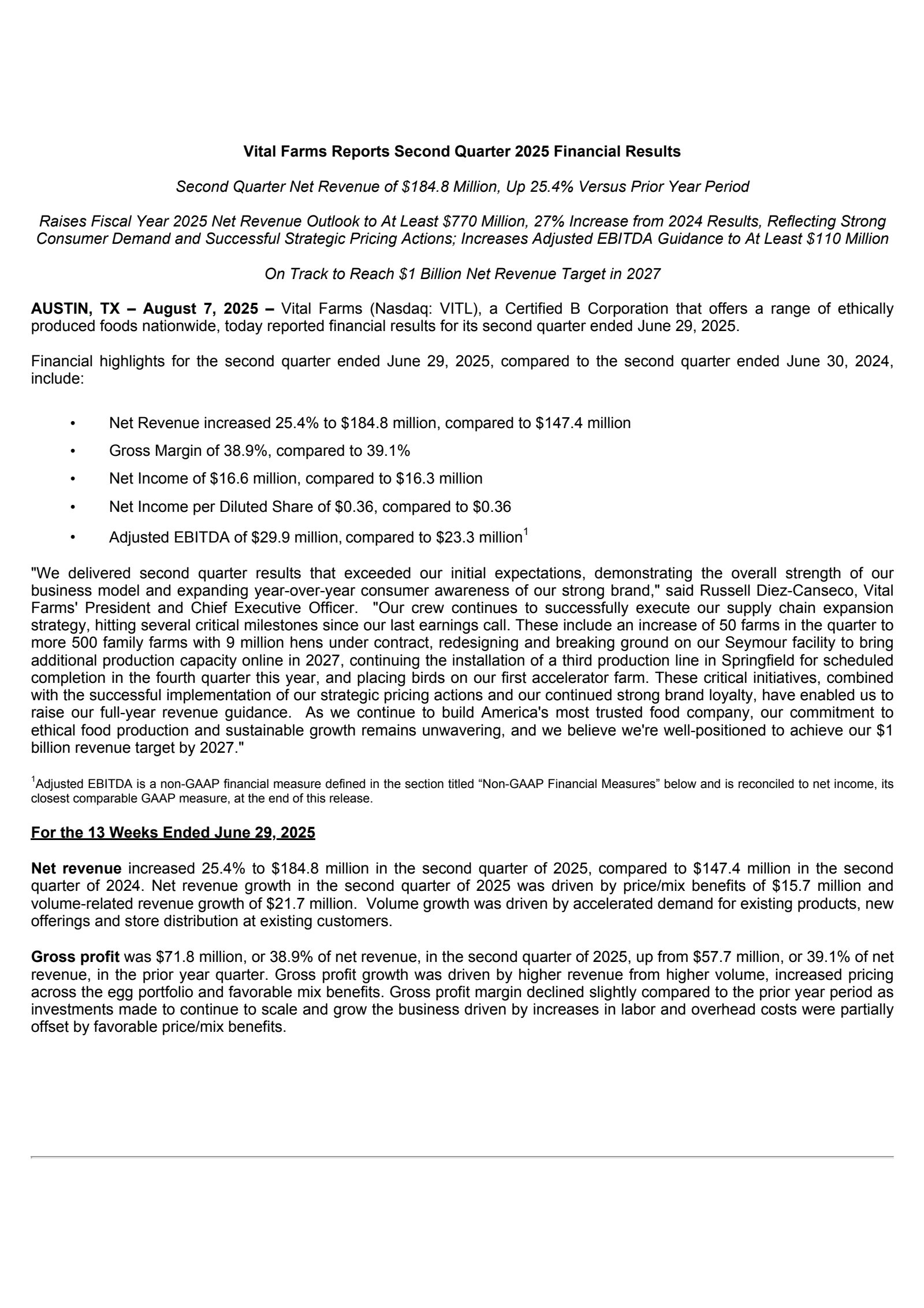 Vital Farms' Q2 2025 Press Release
