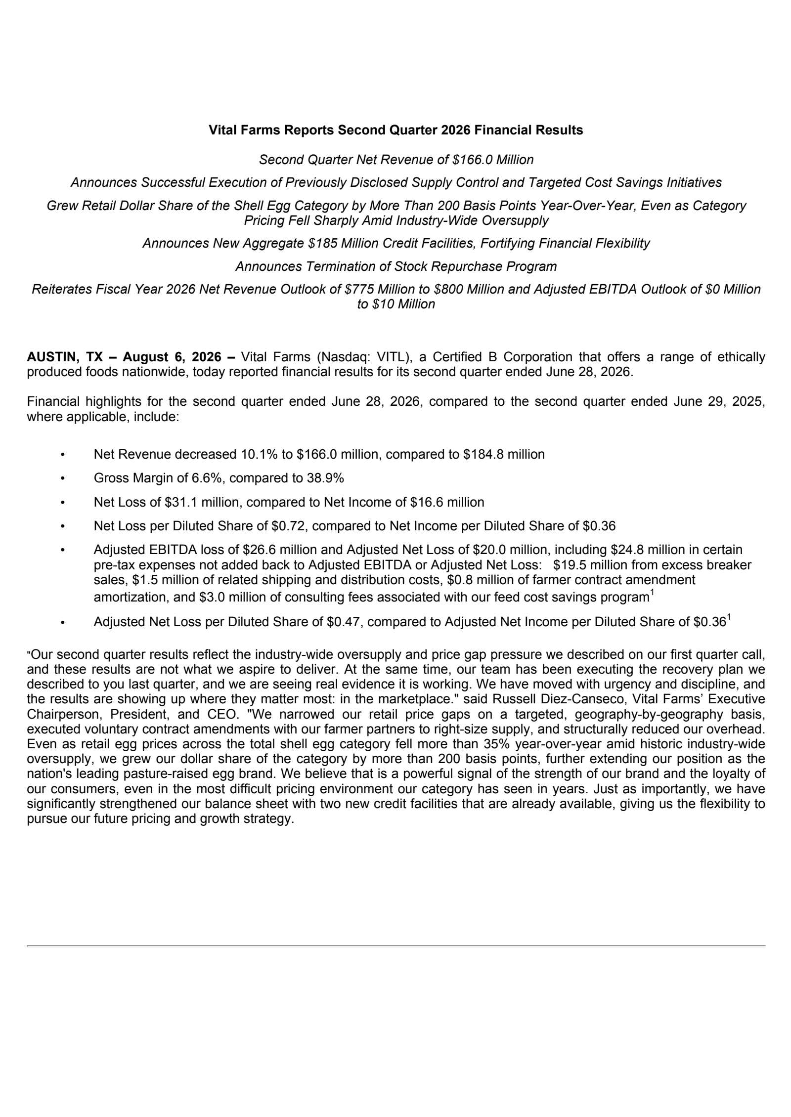 Vital Farms' Q2 2026 Press Release