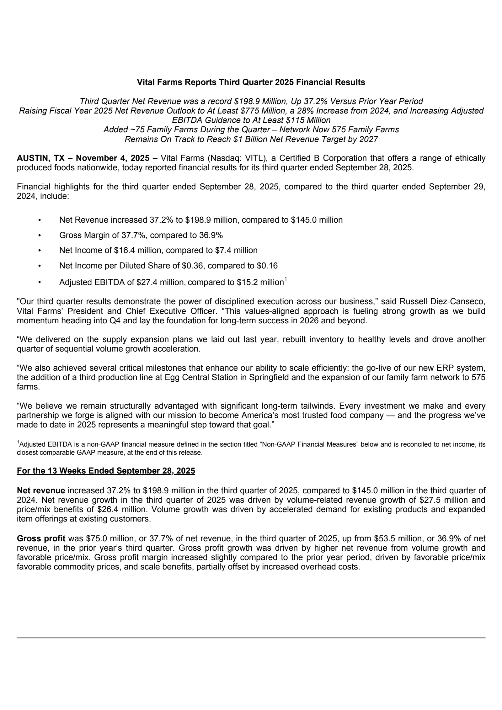 Vital Farms' Q3 2025 Earnings Release