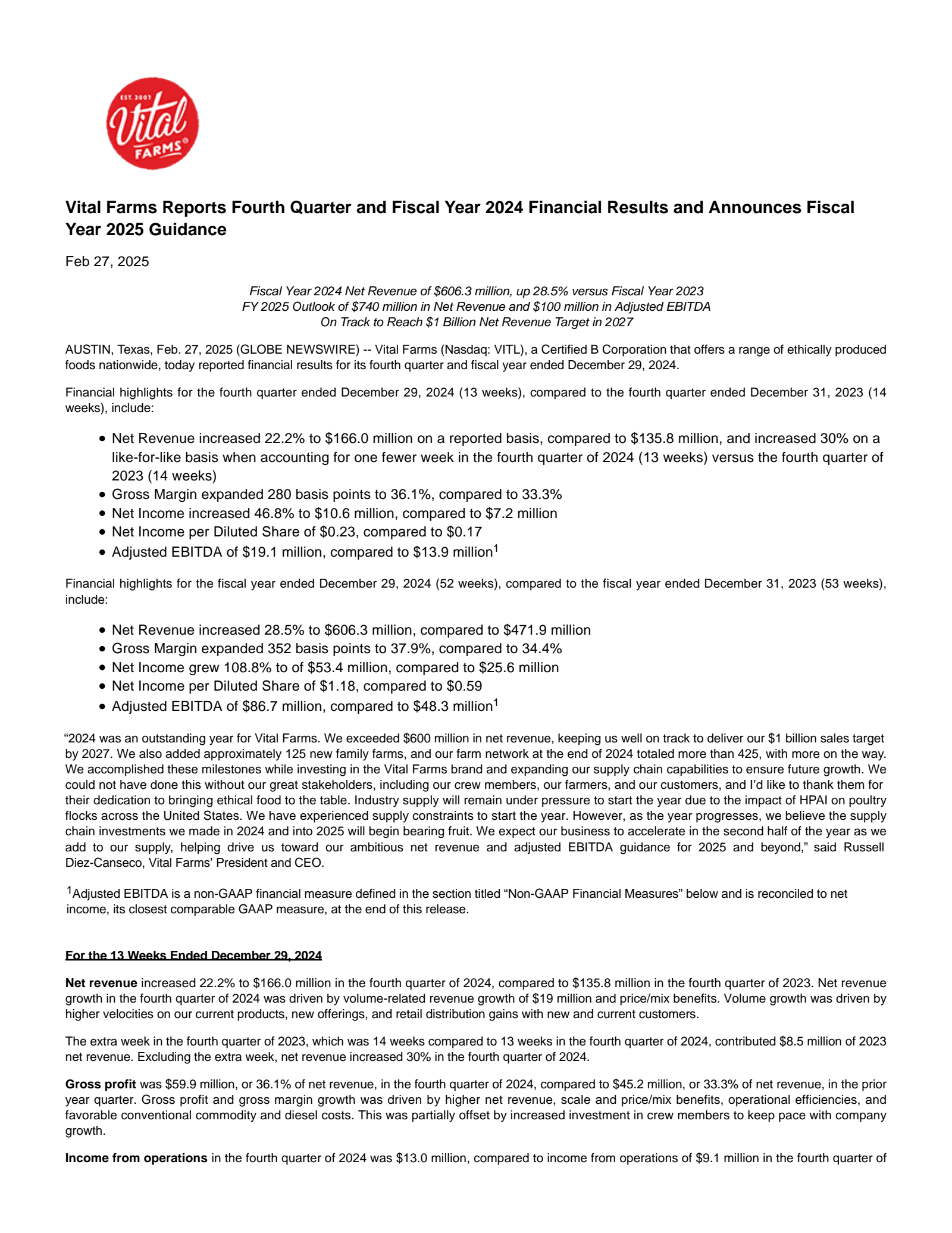 Vital Farms' Q4 2024 Press Release