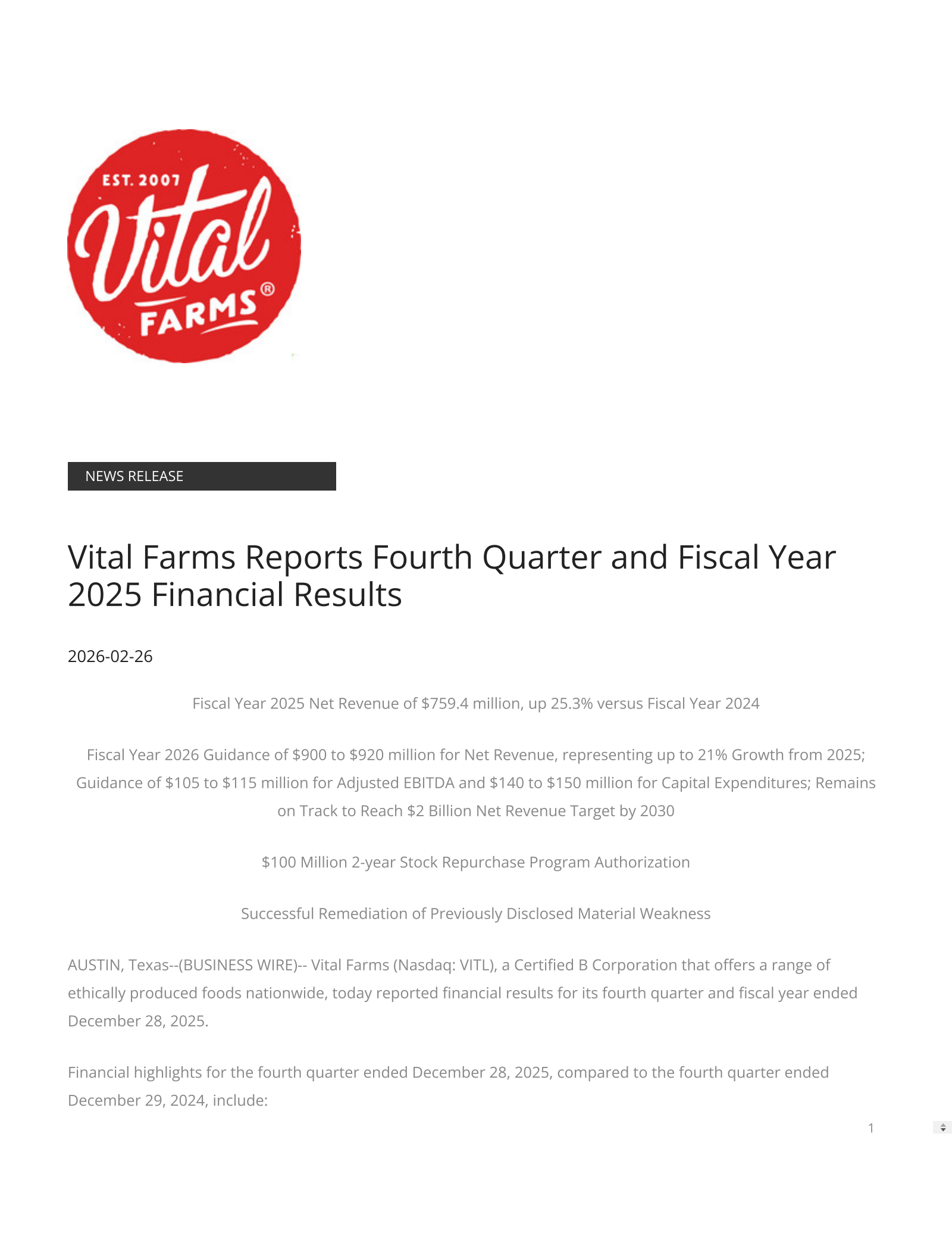 Vital Farms' Q4 2025 Press Release