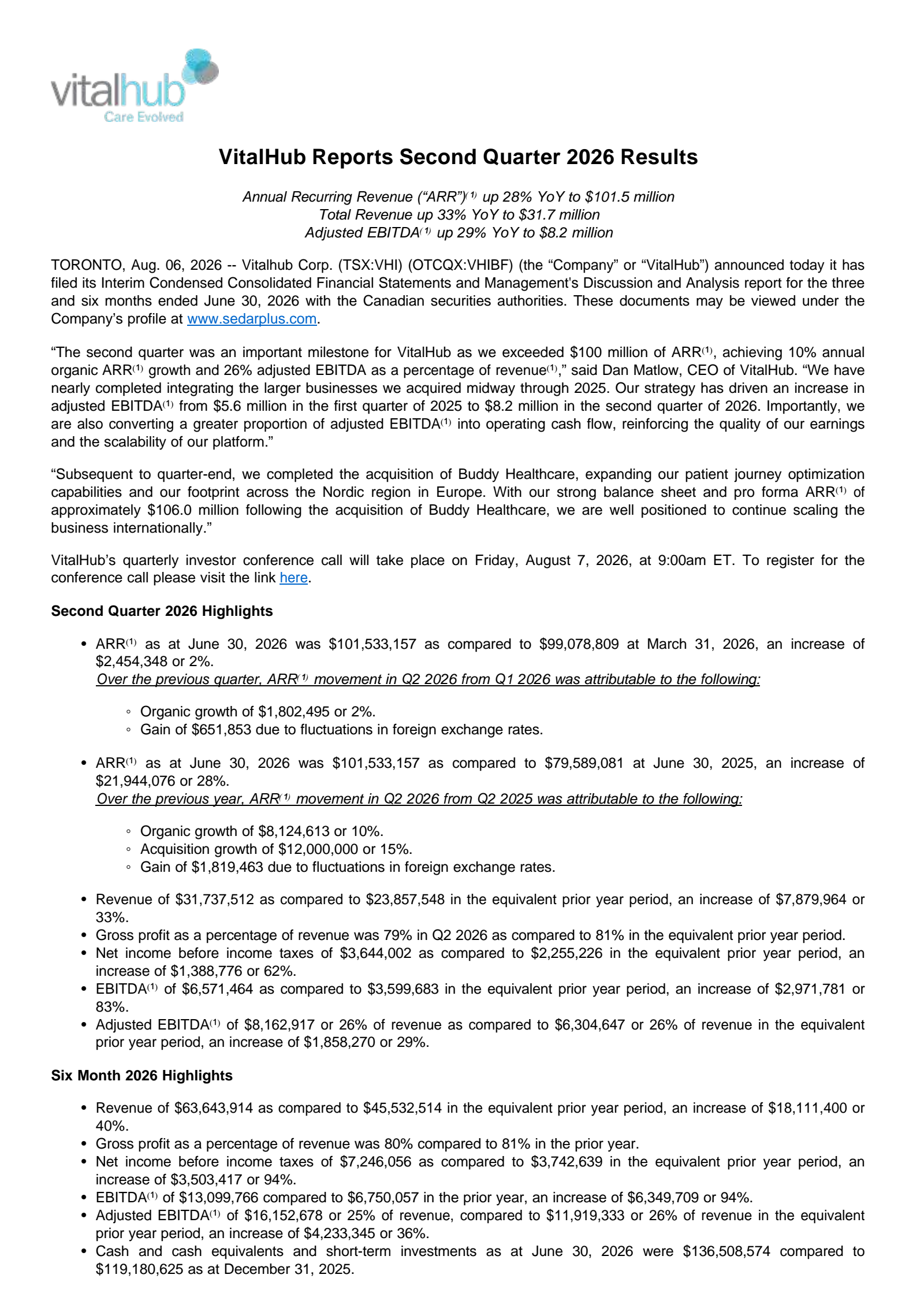 Vitalhub's Q2 2026 Press Release