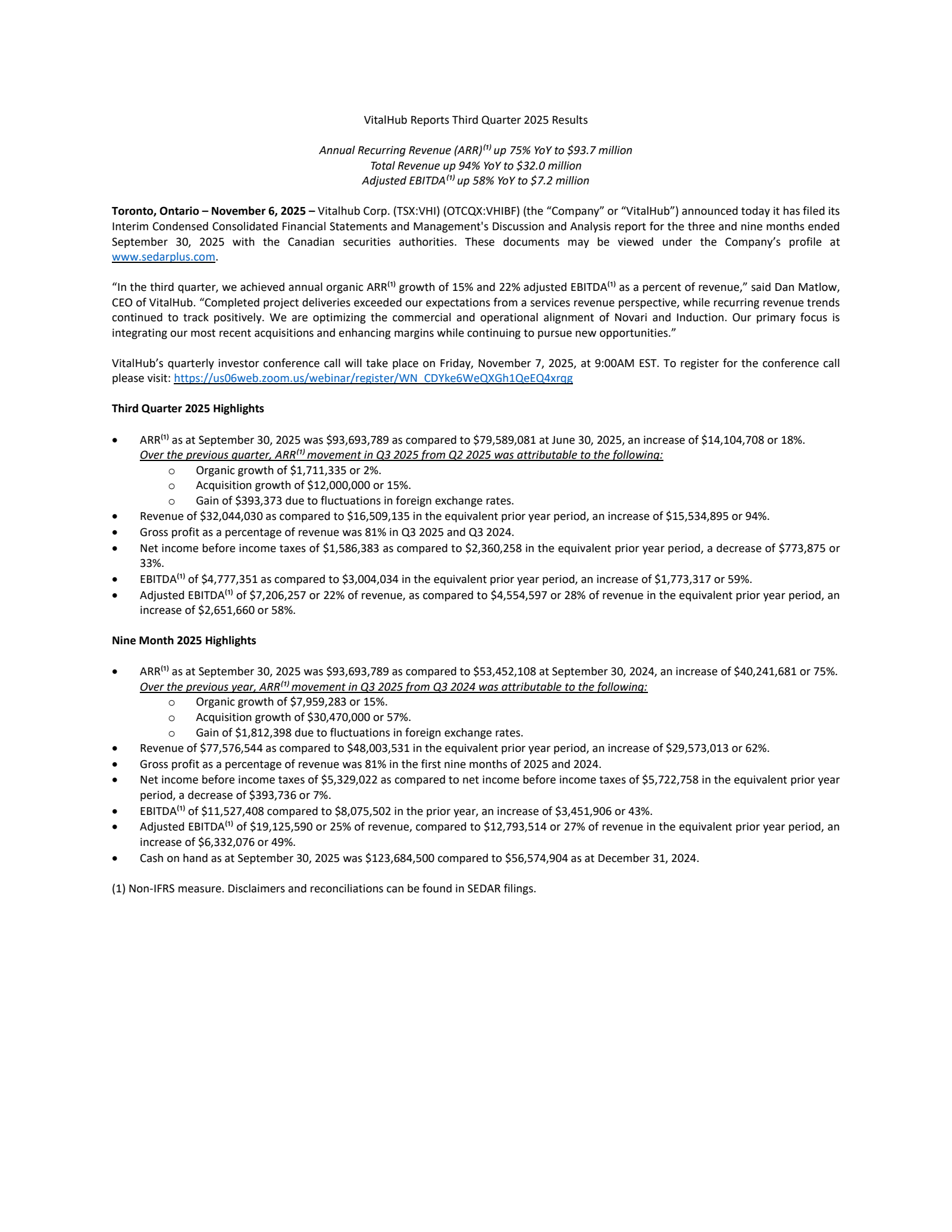 Vitalhub's Q3 2025 Earnings Release