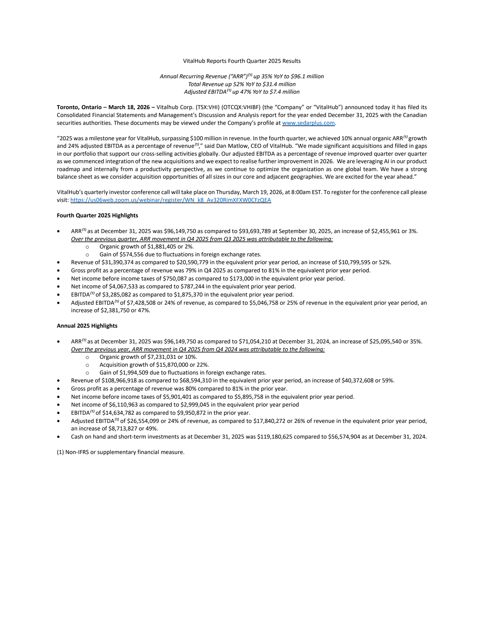 Vitalhub's Q4 2025 Press Release