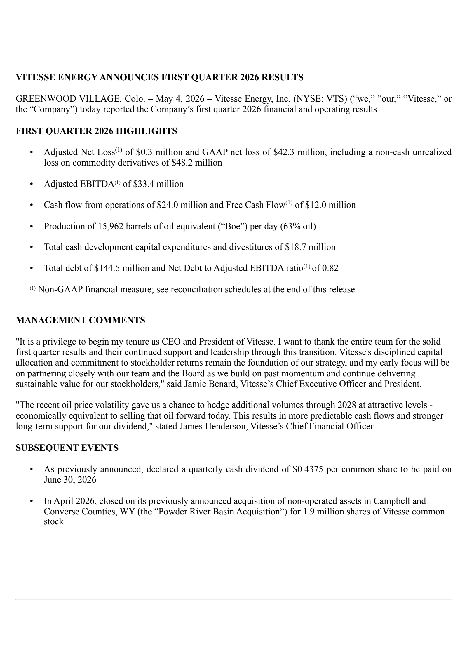 Vitesse Energy's Q1 2026 Press Release